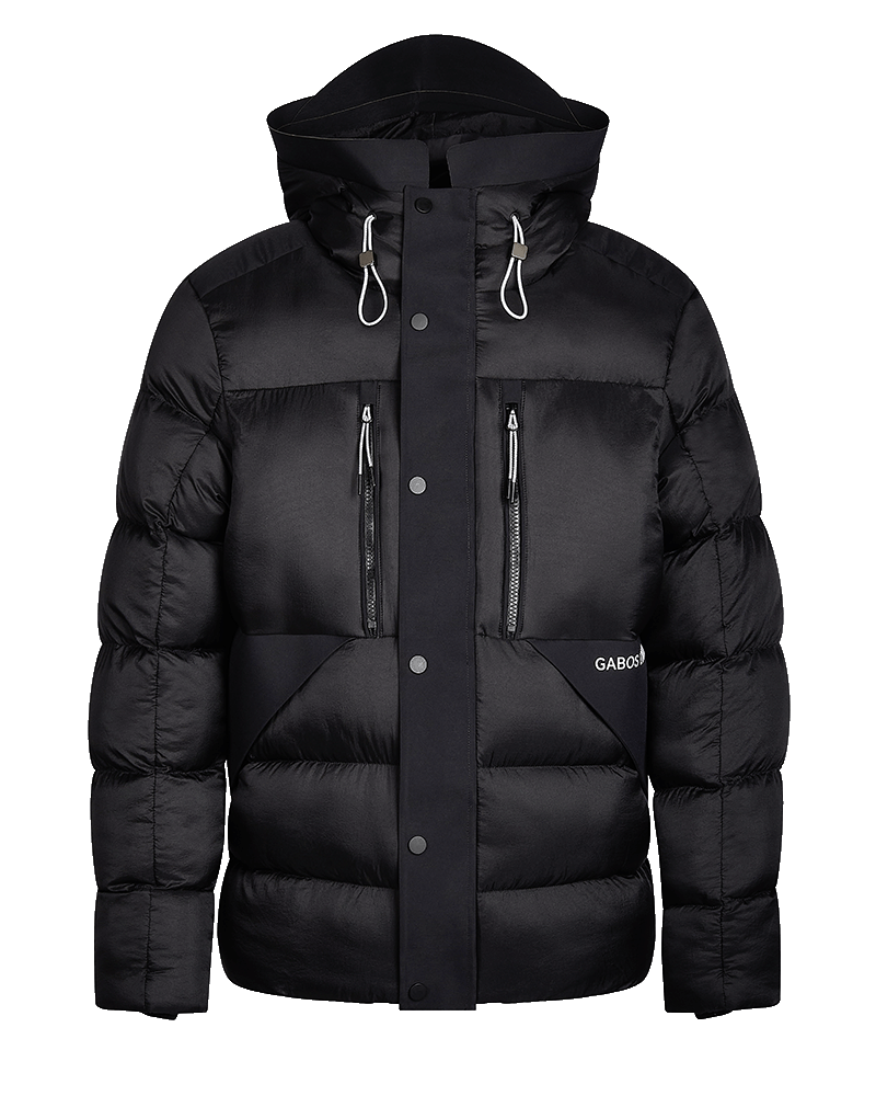 A black hooded puffer jacket with horizontal quilting, silver zipper details, and a small white GABOS LONDON logo on the lower right front, shown against a plain white background.