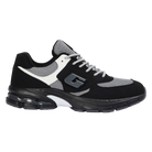 Black and gray sneaker with a prominent brand logo on a white background