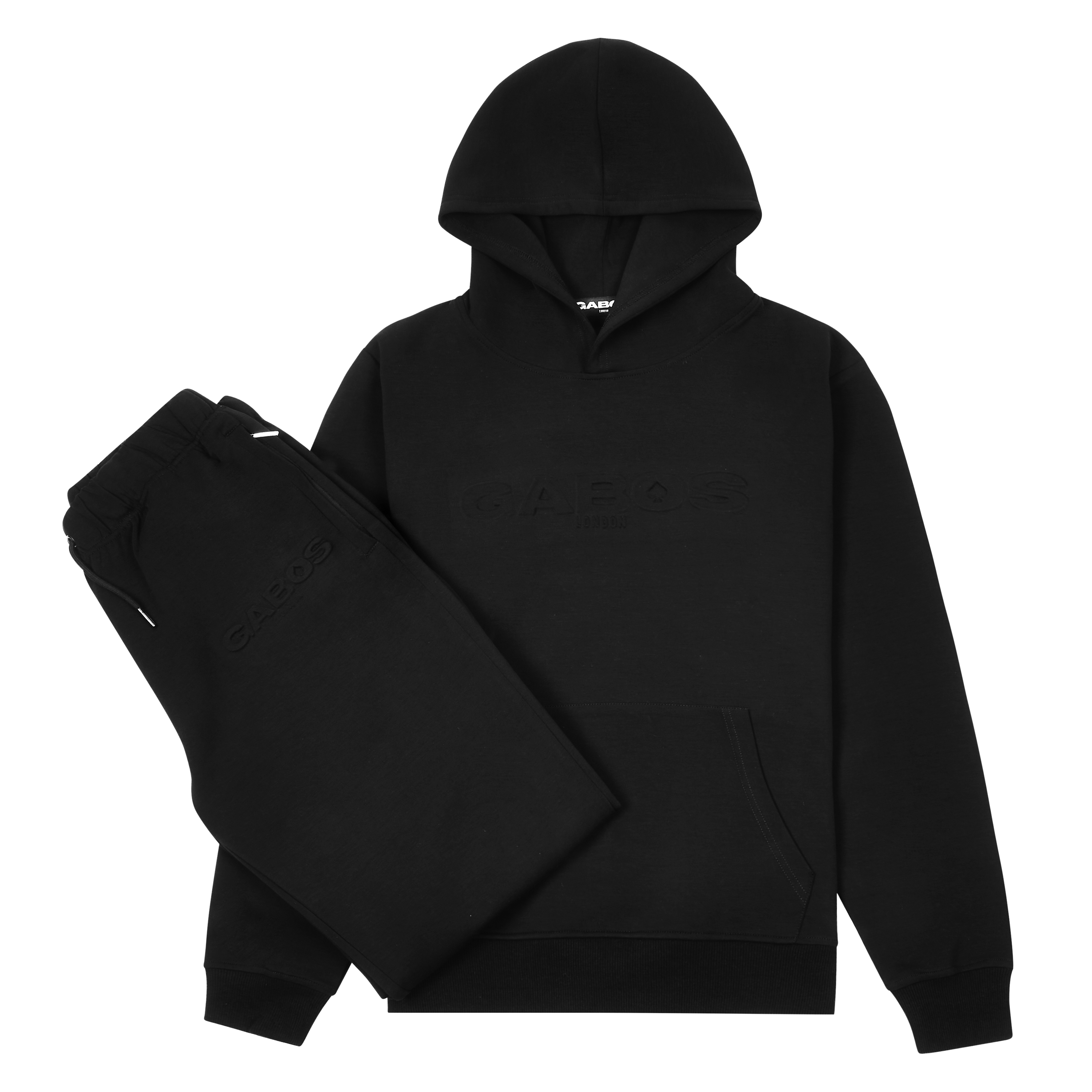 A full black tracksuit with embossed logo. A hoodie and matching pants