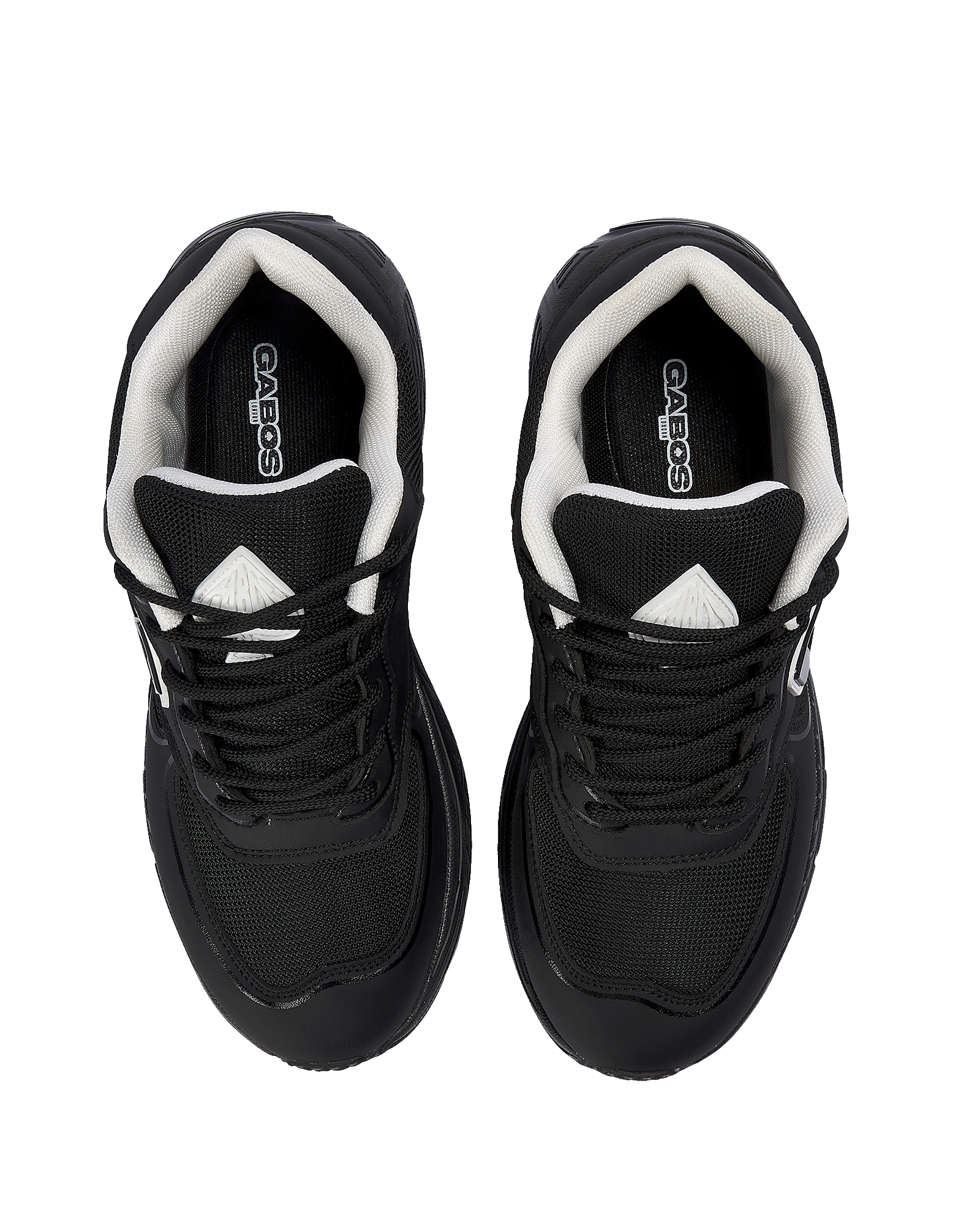 A pair of black athletic sneakers shown from a top-down view on a solid white background. The shoes feature black mesh and synthetic overlays, black laces, and white accents on the collar lining and tongue.
