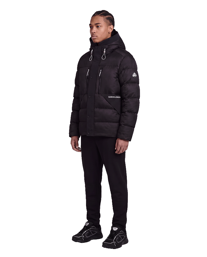 BLACK PUFFER JACKET WITH HARD HOOD AND PULL STRINGS
