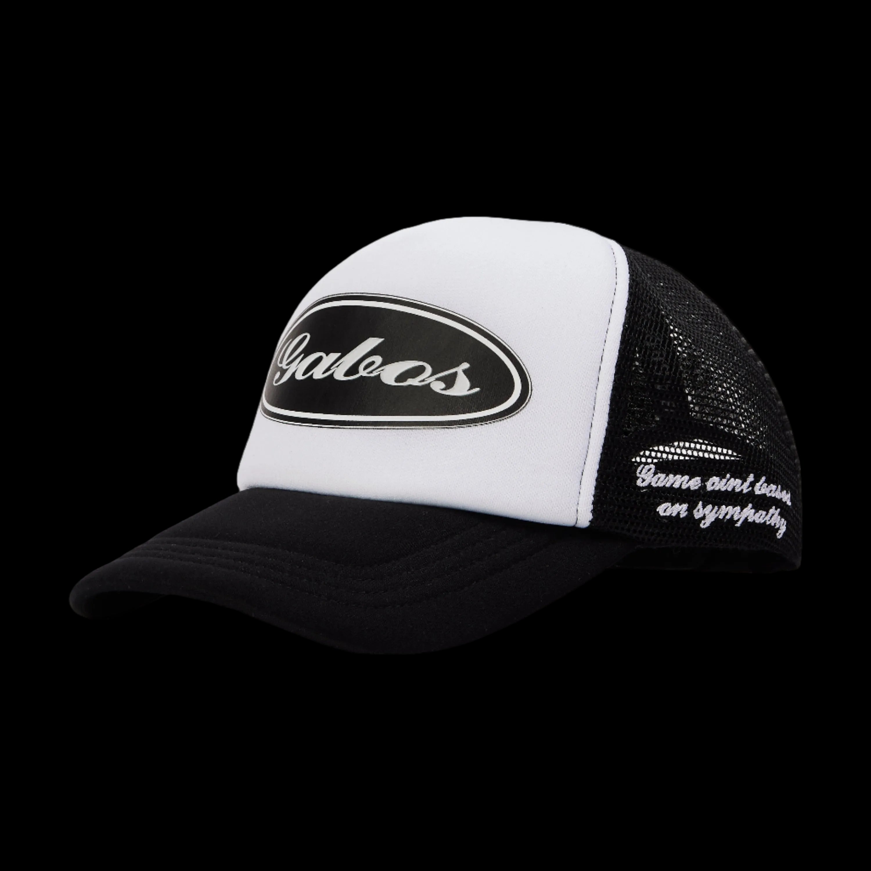 A black and white foam trucker cap with 'Gabos Ford tough' logo on the front panel, featuring an adjustable strap and mesh back.