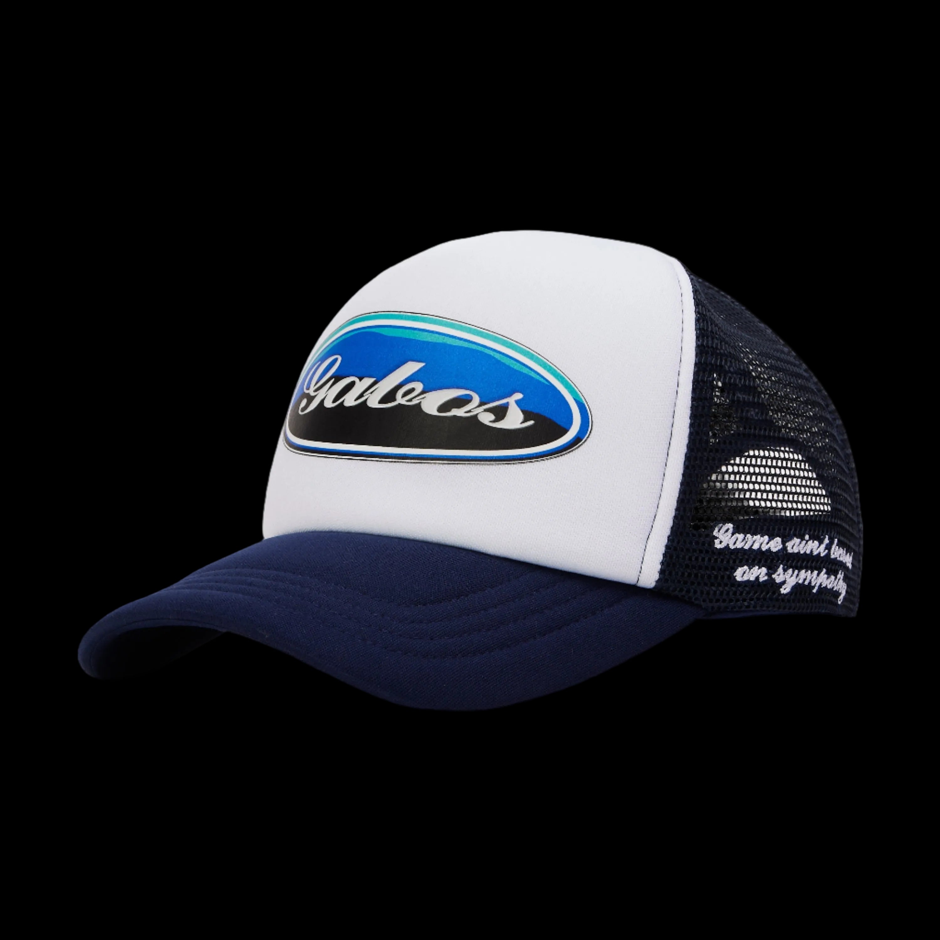 A foam trucker cap with a white panel and blue mesh back, featuring the 'Gabos Ford tough OCEAN' logo in blue and black on the front.