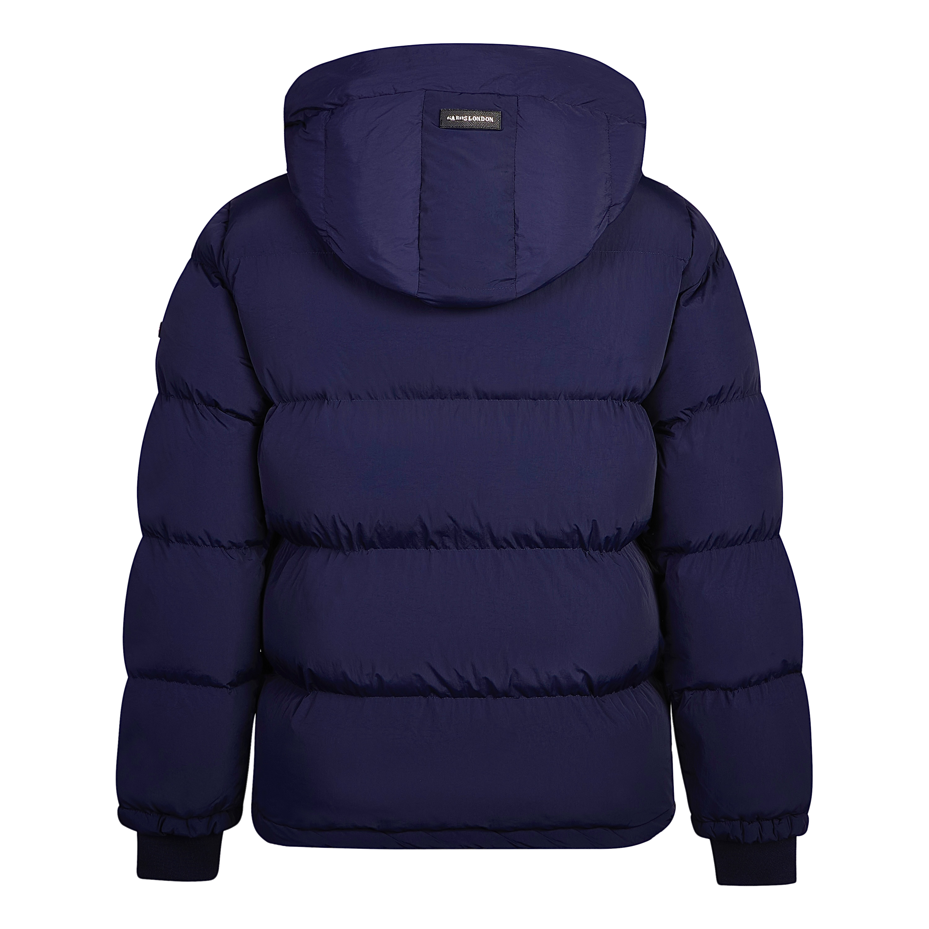 Navy men's streetwear puffer jacket | back view. Puffer jacket with hood