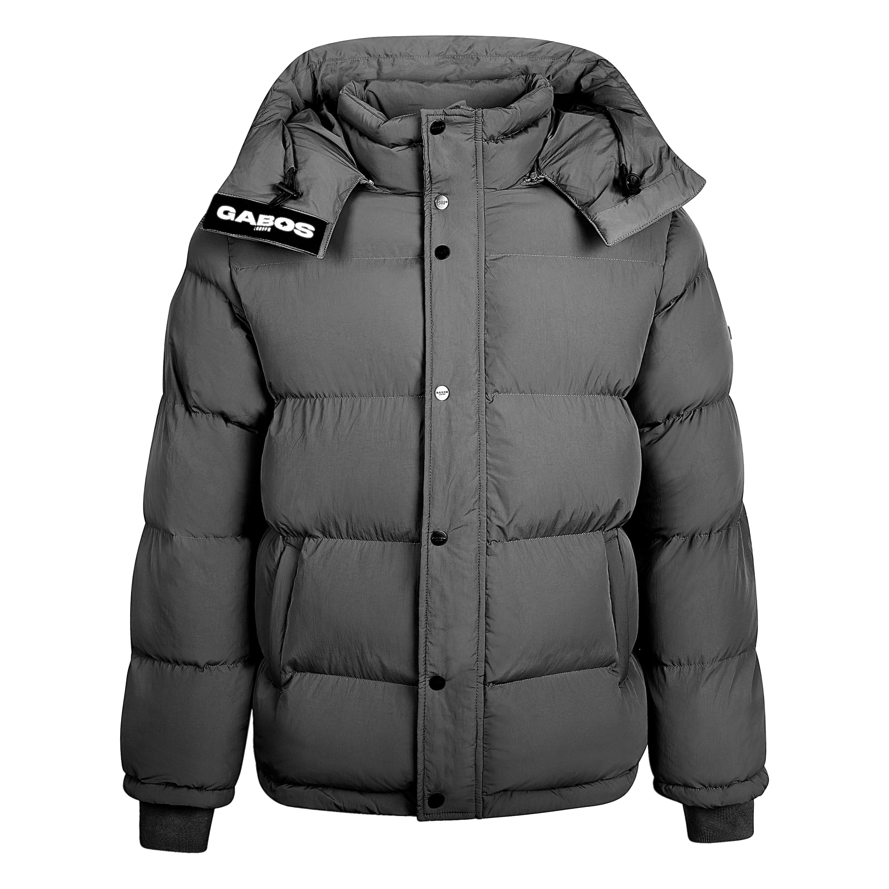 Men's grey puffer jacket. Winter coat with hood | Front elevation by Gabos London