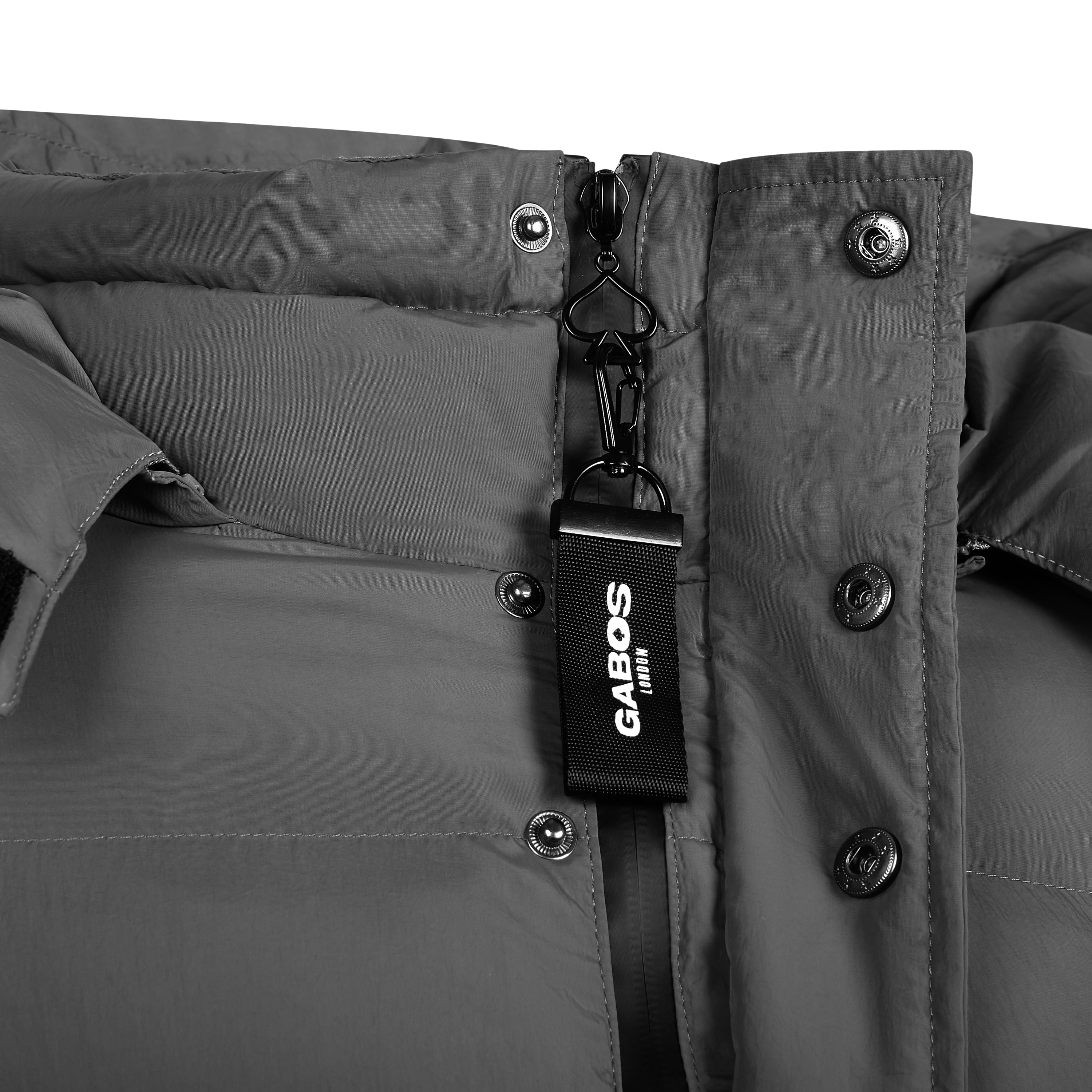 Grey Puffer Jacket With Custom Zip Puller by Gabos London