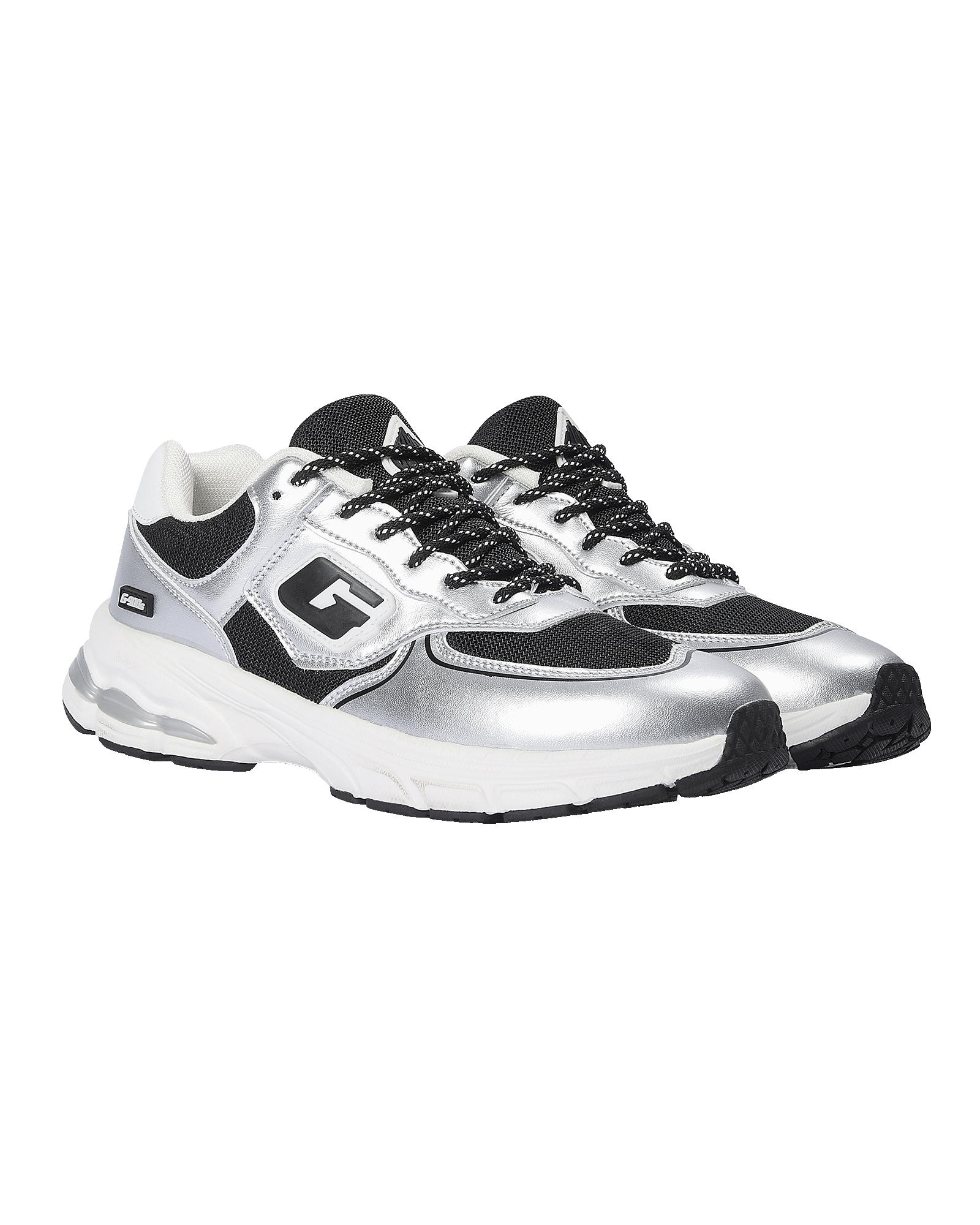 A pair of metallic silver and black athletic sneakers with white midsoles, shown from a side profile view on a plain white background.