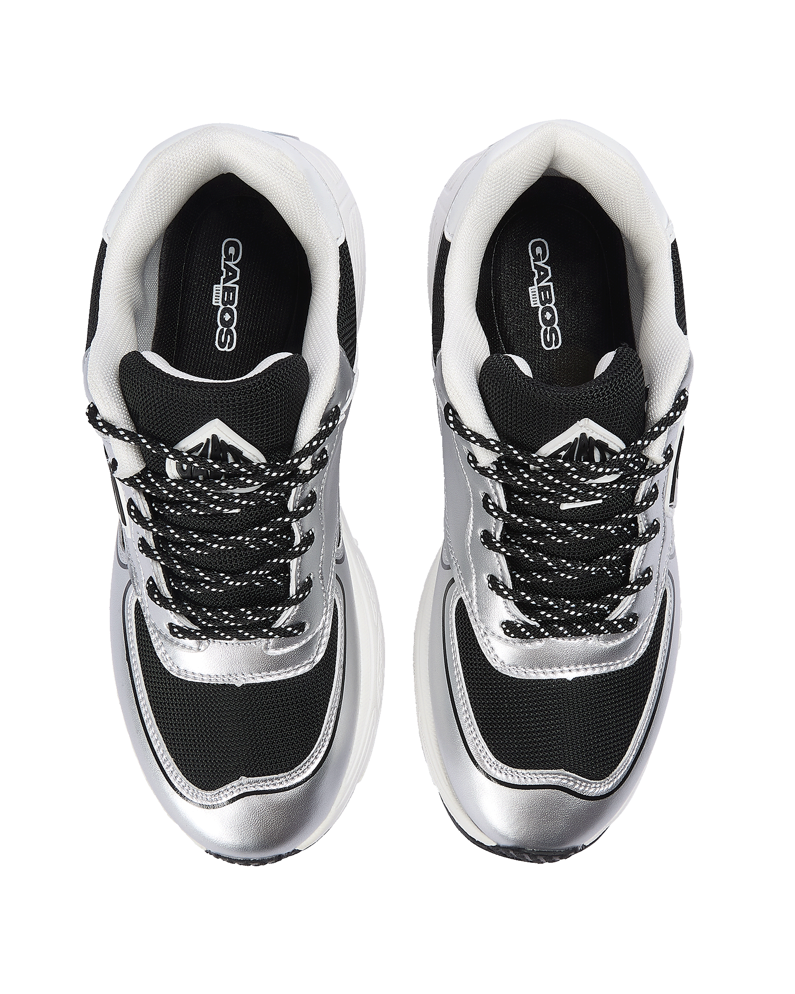 A pair of black and silver athletic sneakers shown from a top-down view on a solid white background. The shoes feature black mesh panels, metallic silver overlays, black and white laces, and the brand name 'GABOS' printed on the black insoles.