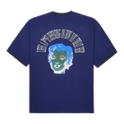 Flat lay graphic t shirt design with mariyln monroe on blue fabroc