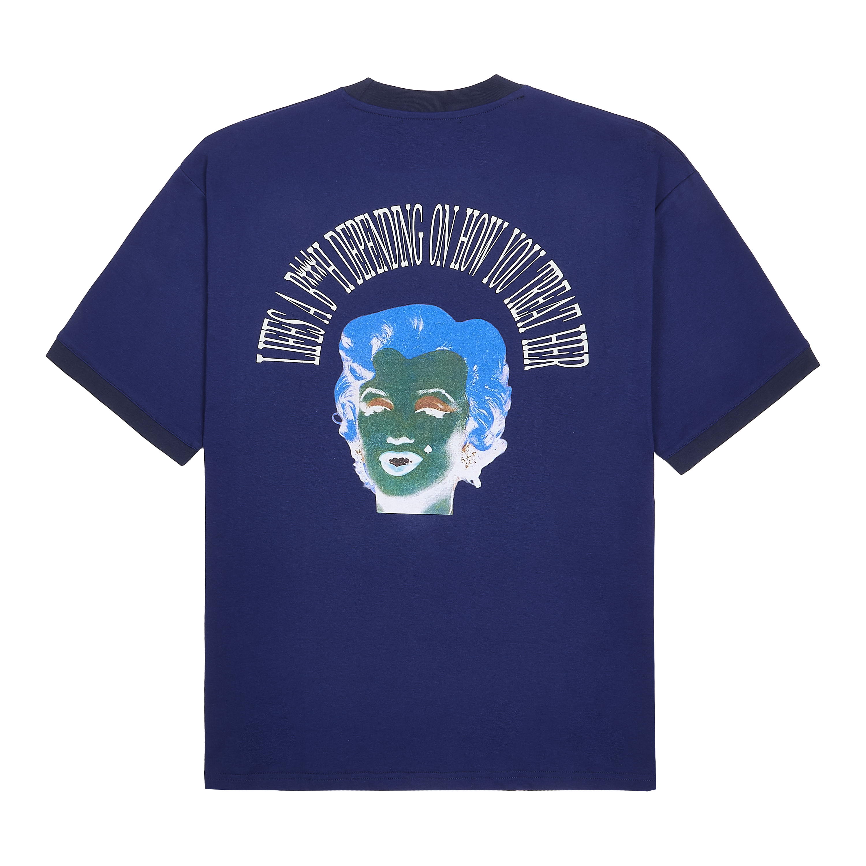 Flat lay graphic t shirt design with mariyln monroe on blue fabroc