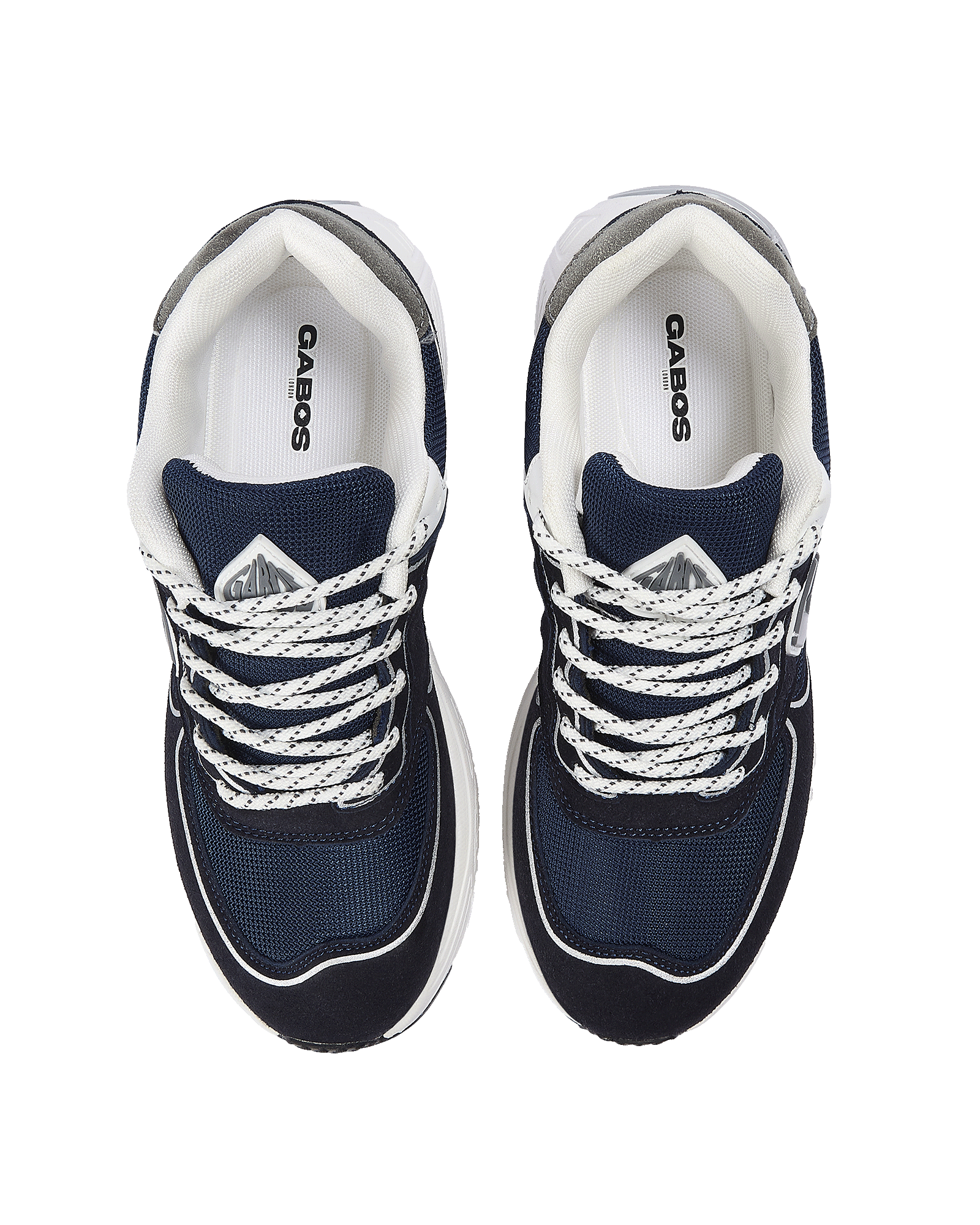 A pair of navy blue and white low-top sneakers shown from a top-down view on a solid white background. The brand name 'GABOS' is clearly visible printed inside the collar of each shoe.