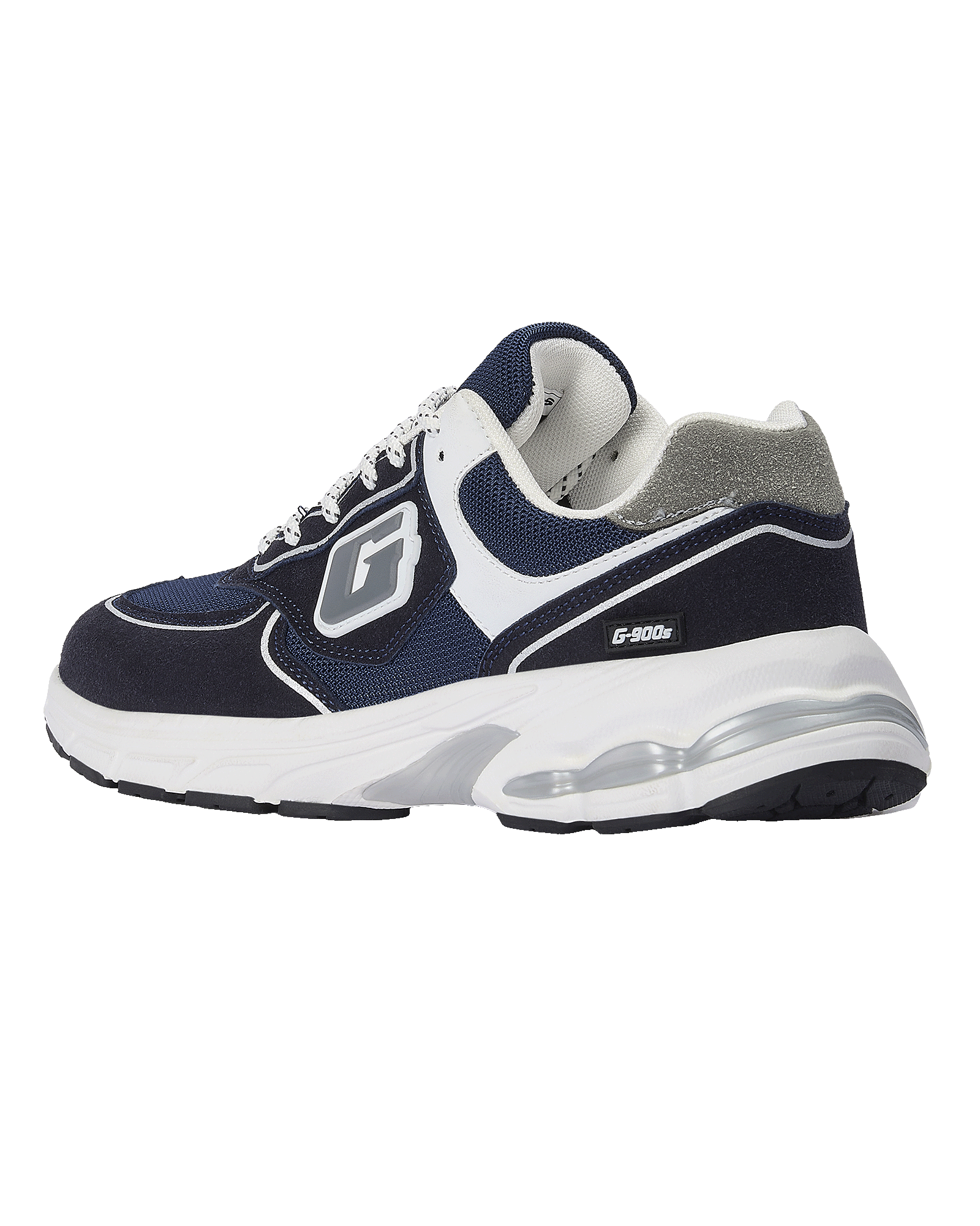 A navy blue and white athletic sneaker with a chunky white sole, featuring a large 'G' logo on the side and 'G-900S' text on the heel, shown against a plain white background.