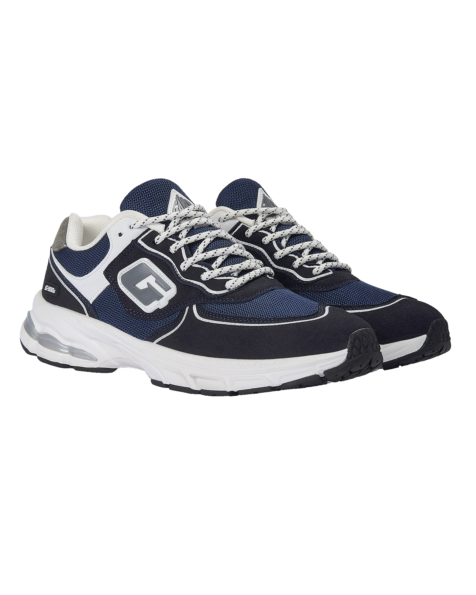 A pair of GABOS athletic sneakers in navy blue, white, and black, featuring a mesh and suede upper, white laces, and a chunky white and black sole.