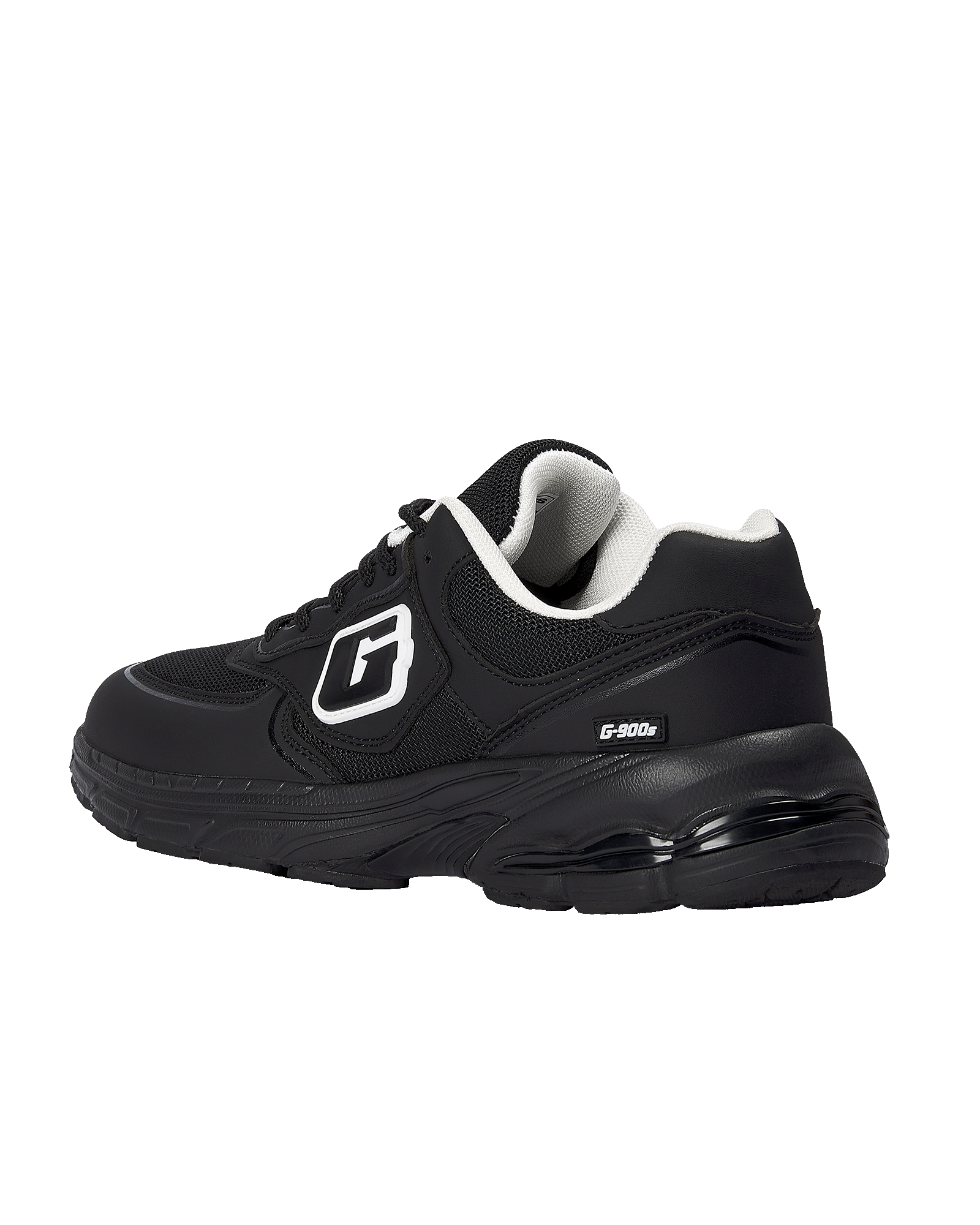 A black athletic sneaker with a chunky sole, featuring a white and black 'G' logo on the side, white laces, and a white interior lining, shown against a plain white background.