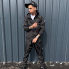 Men's Black Full Windbreaker Tracksuit Set Seen Worn on model. Streetwear by Gabos London