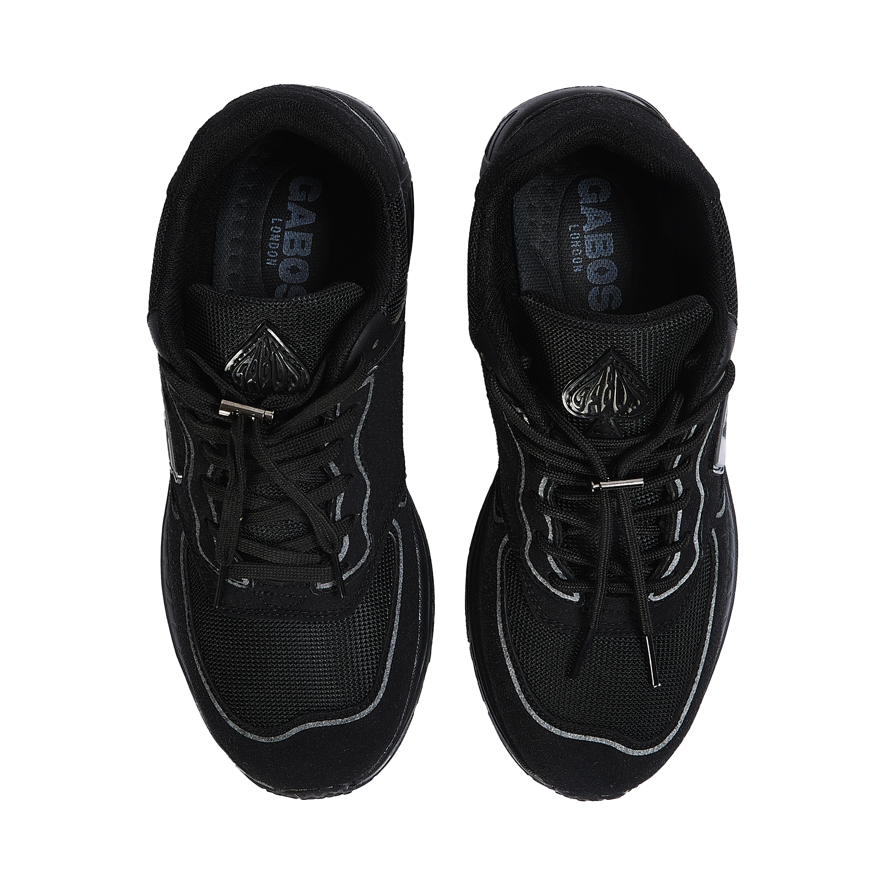 Pair of black sneakers with visible brand logo on a white background