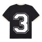 bold graphic of a number 3 seen on the back of the flat lay t shirt by gabos london streetwear