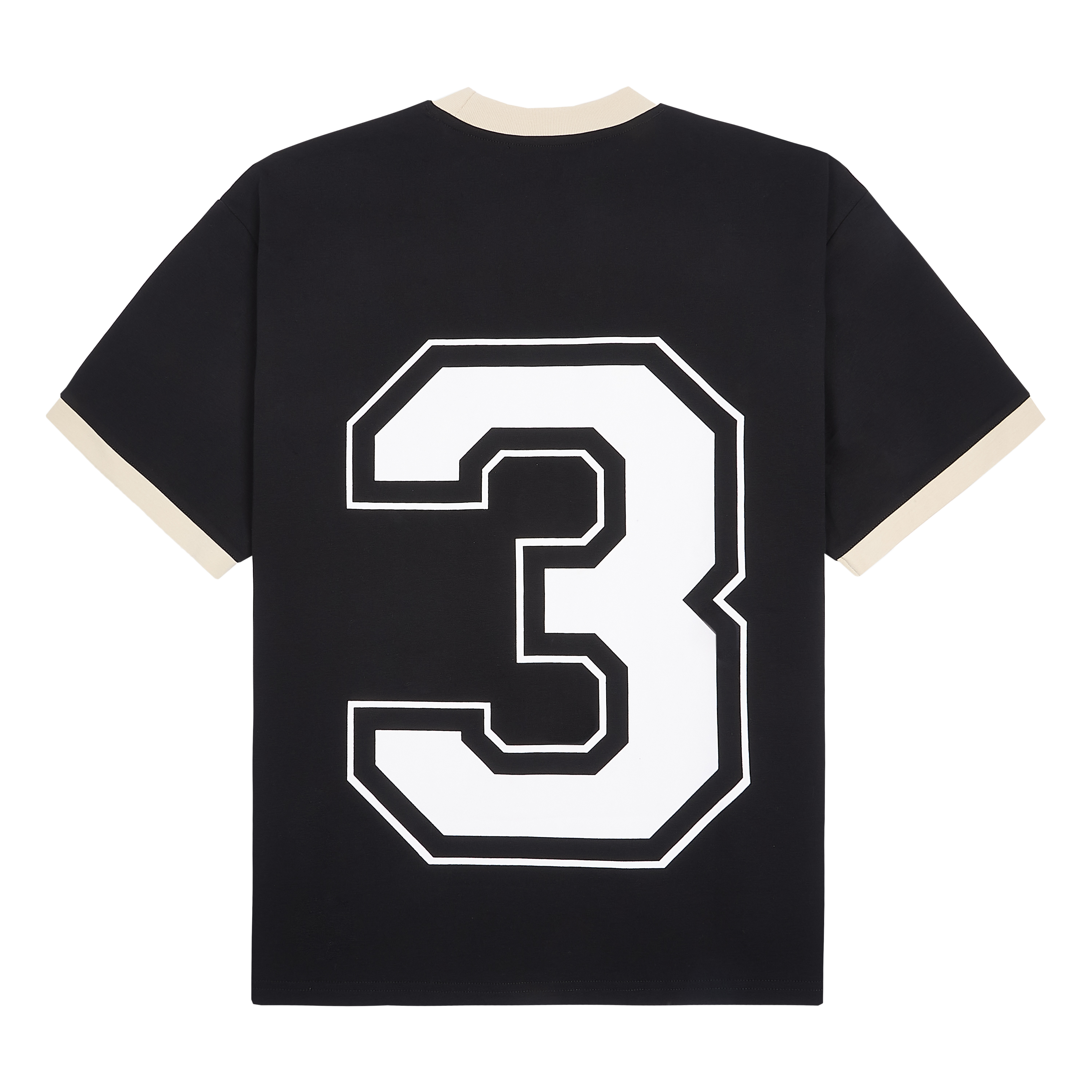 bold graphic of a number 3 seen on the back of the flat lay t shirt by gabos london streetwear