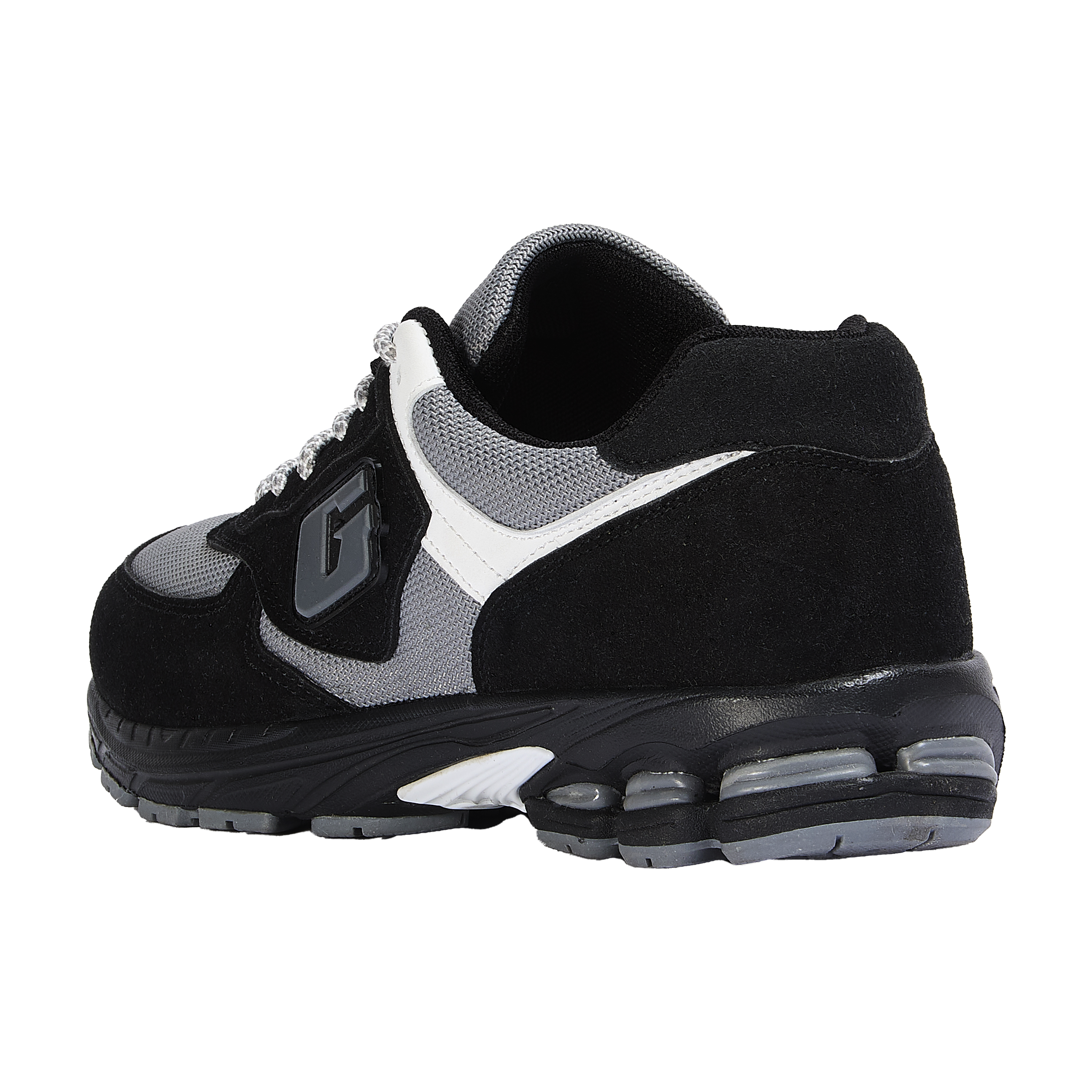 Black and gray sneaker with a brand logo on a white background