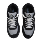 Black and gray sneakers with white laces on a white background