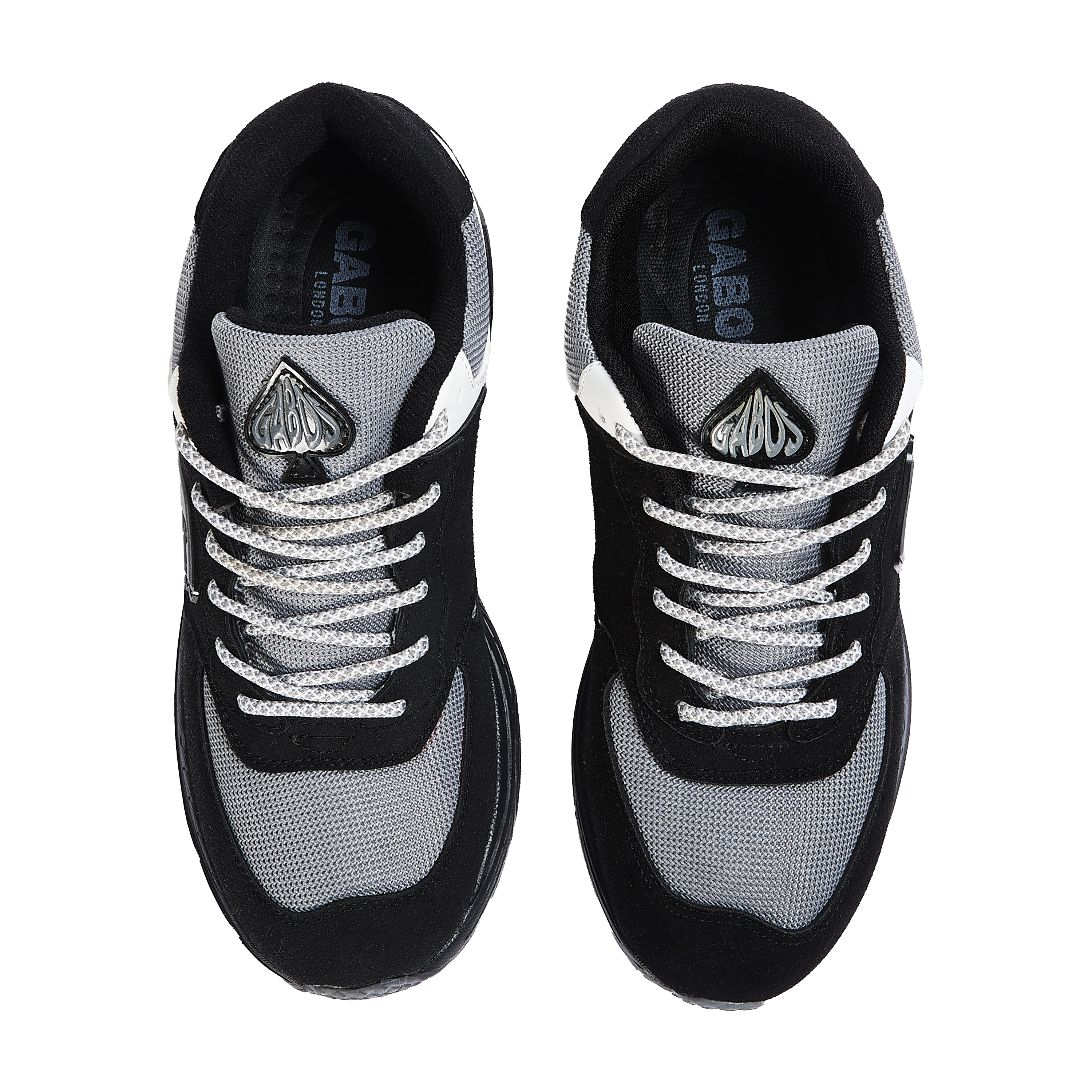 Black and gray sneakers with white laces on a white background