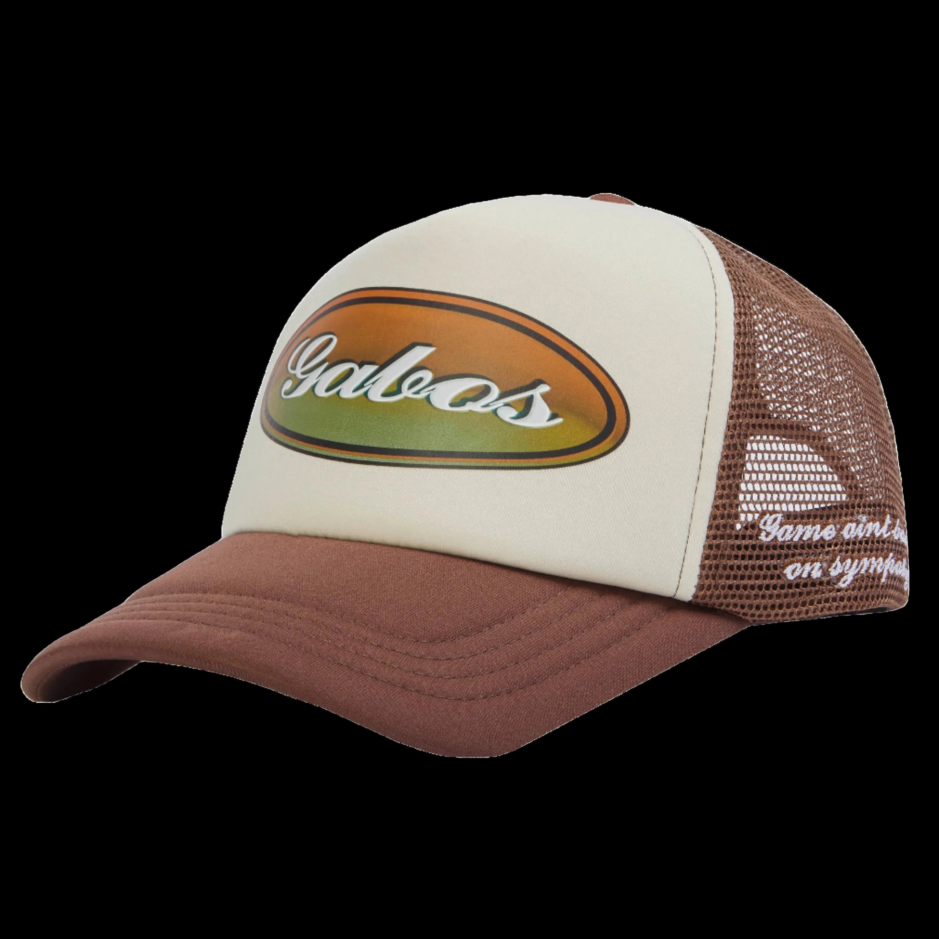 A beige and brown trucker cap with 'Gabos' branding and the text 'Ford Tough' printed on the front.