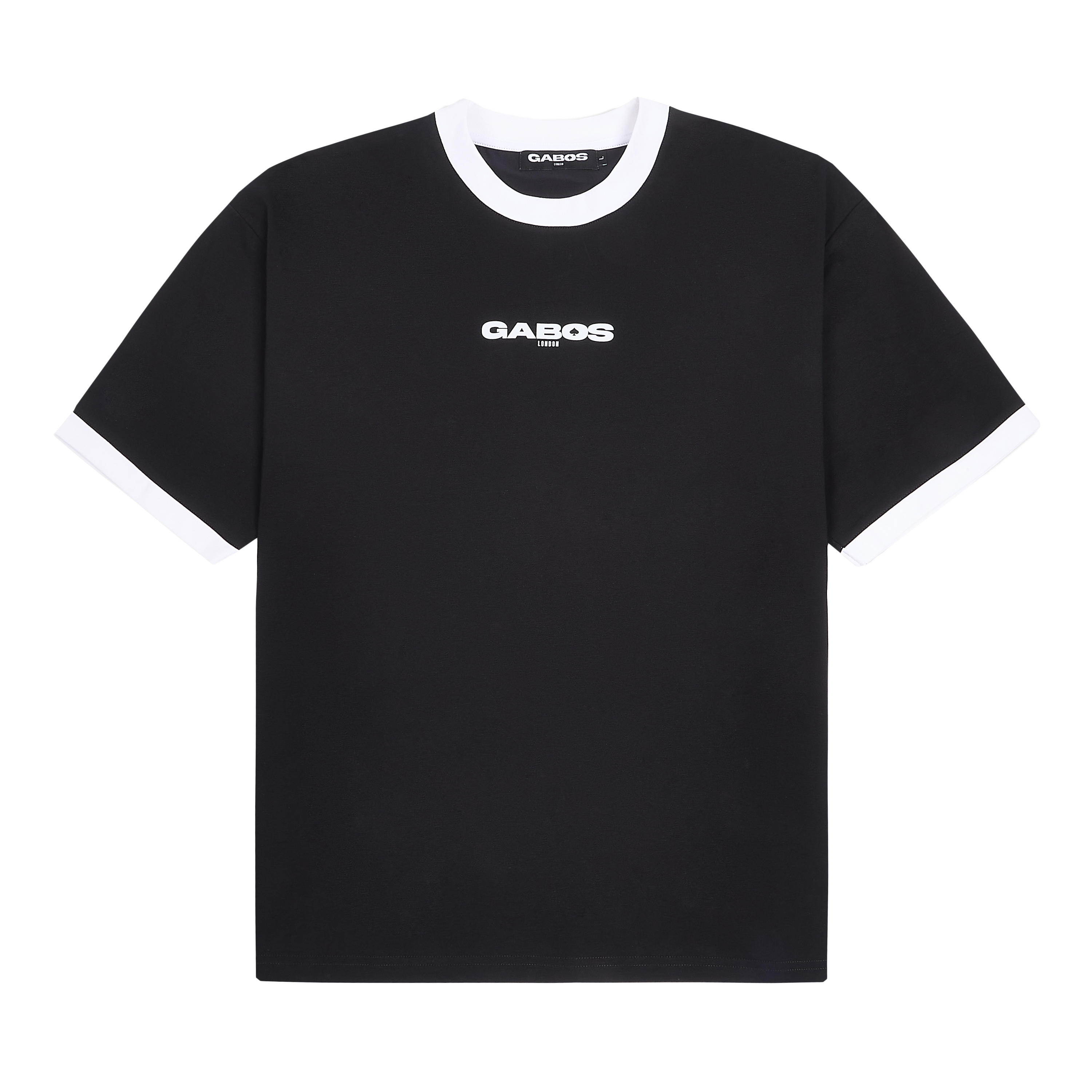 flat lay of the front of gabos londons us never them t shirt. uk streetwear