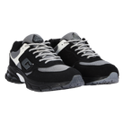 Black and gray sneakers with white accents on a white background