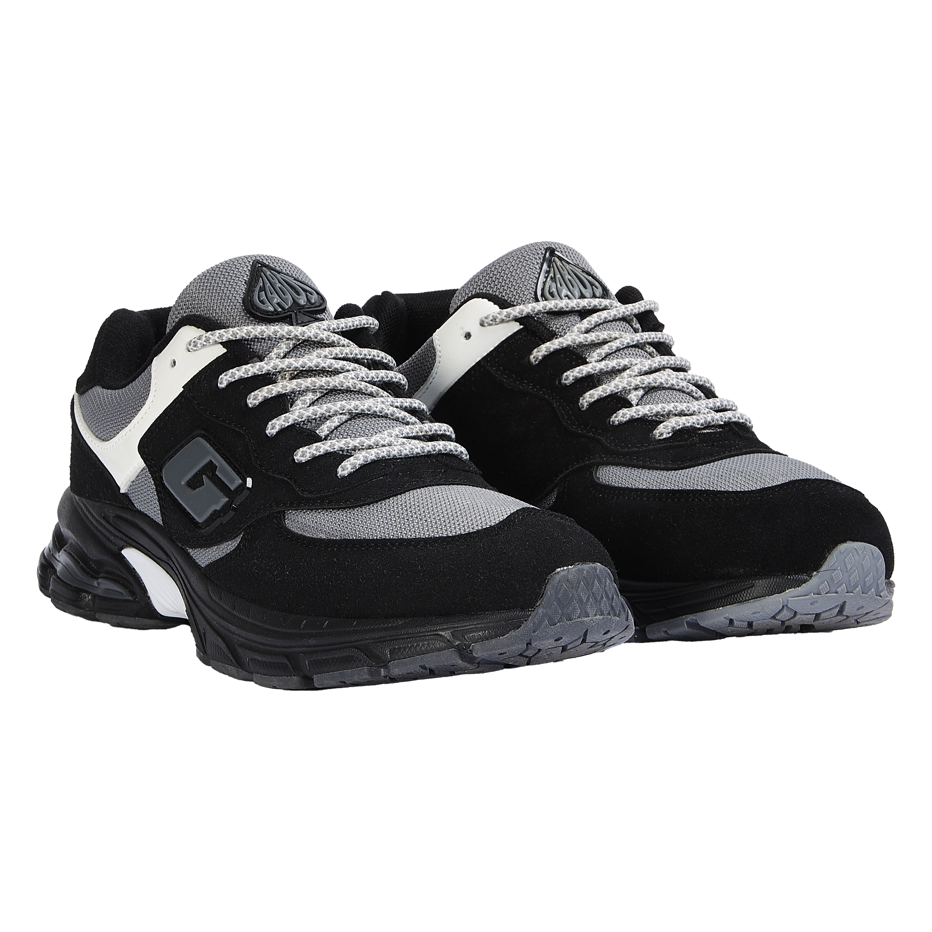 Black and gray sneakers with white accents on a white background
