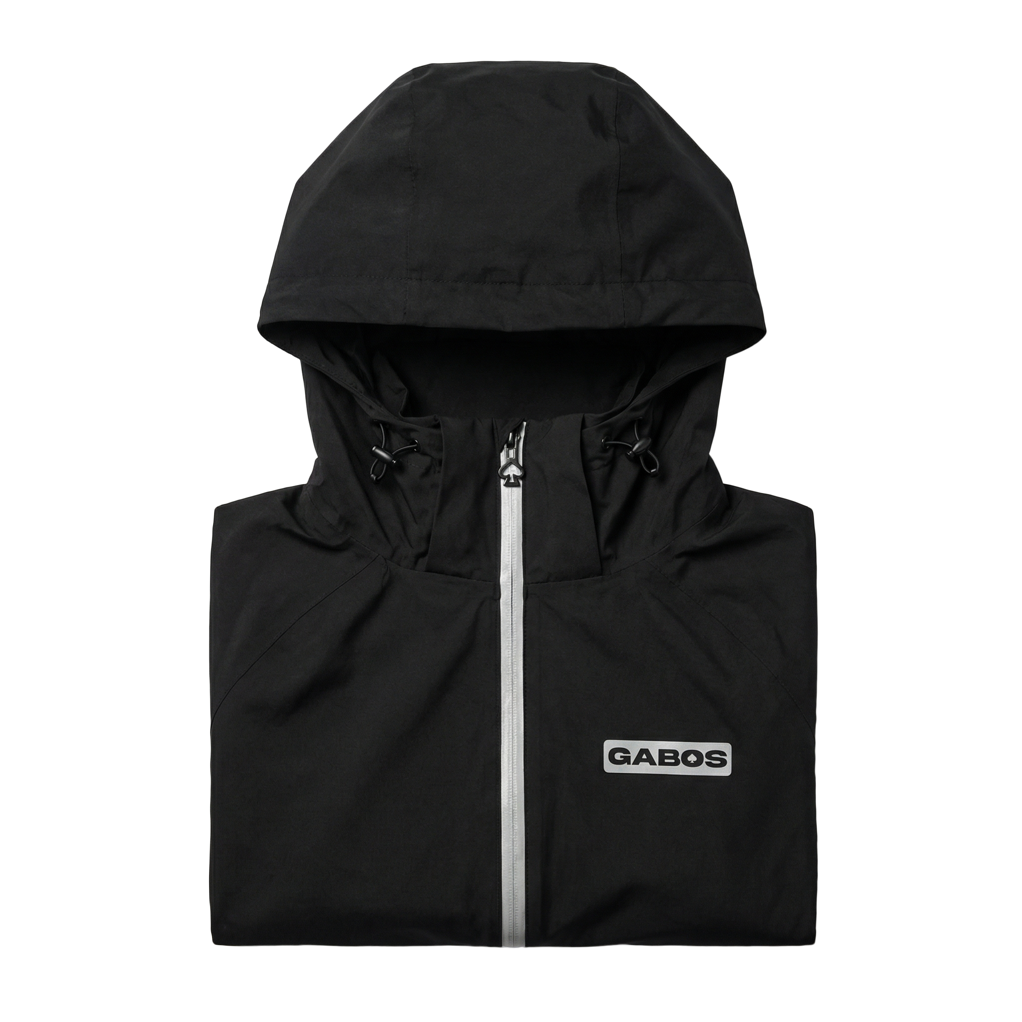 Black hooded jacket with 'GABOS' branding on a white background