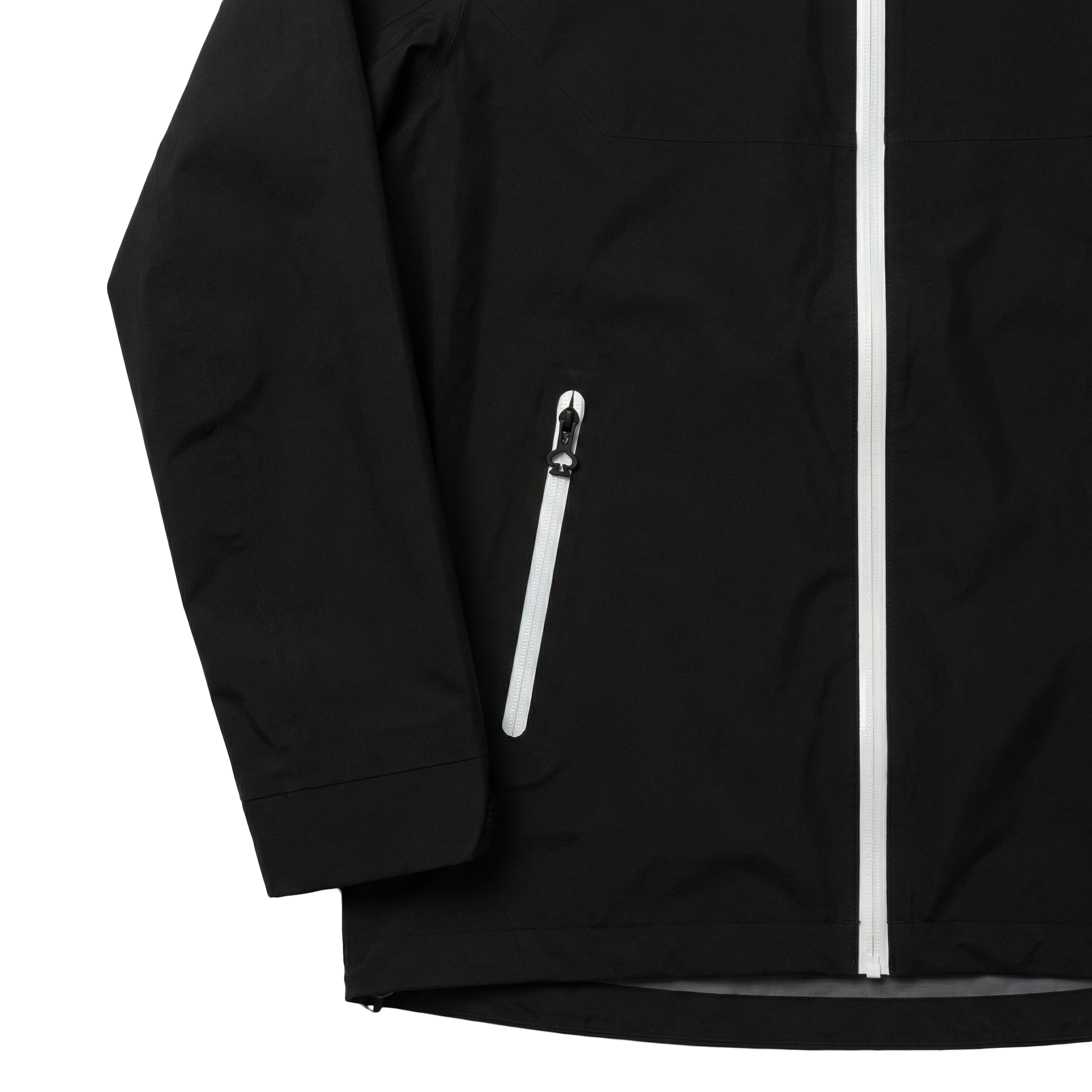 Black jacket with a white zipper on a white background