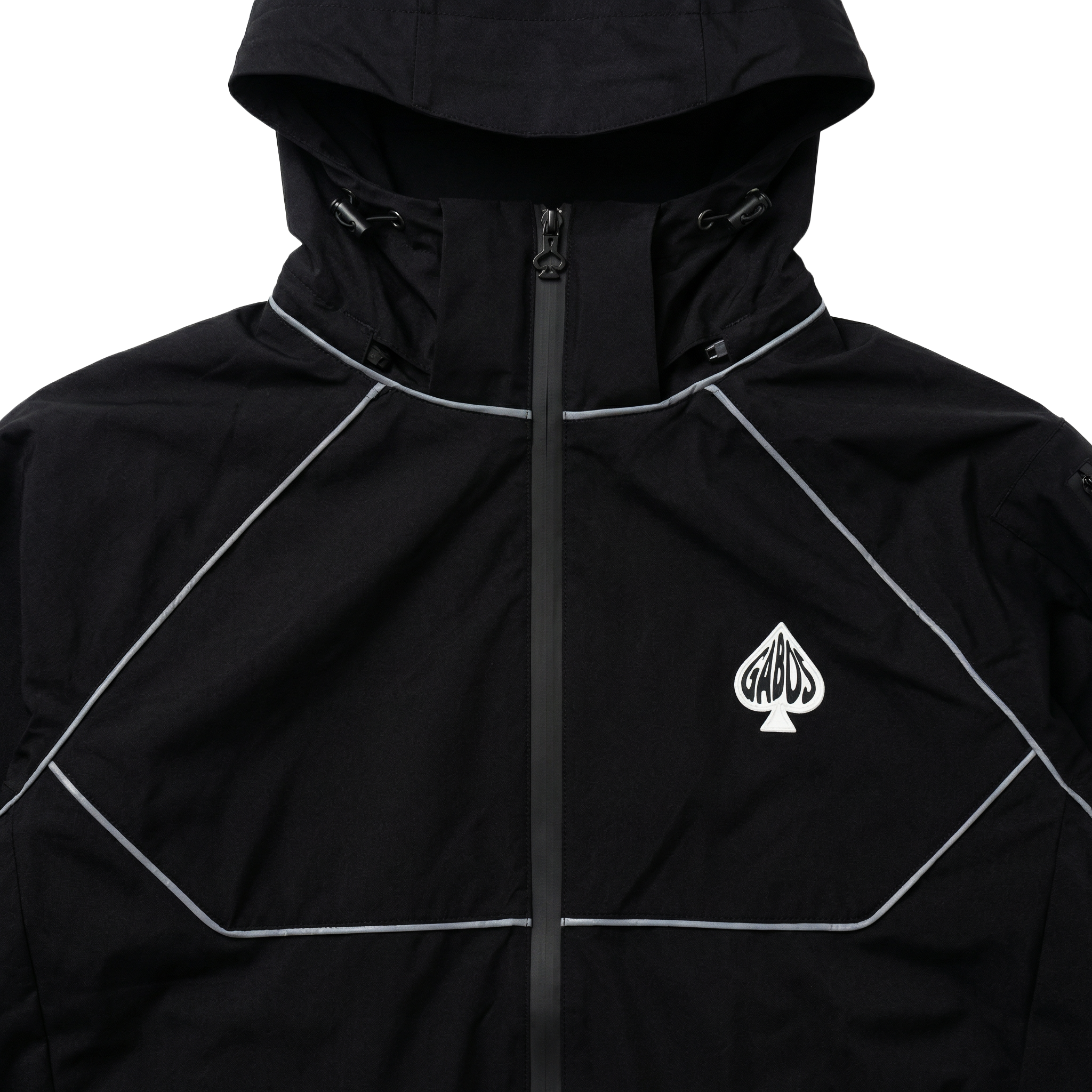 Black jacket with white accents and a logo on a white background