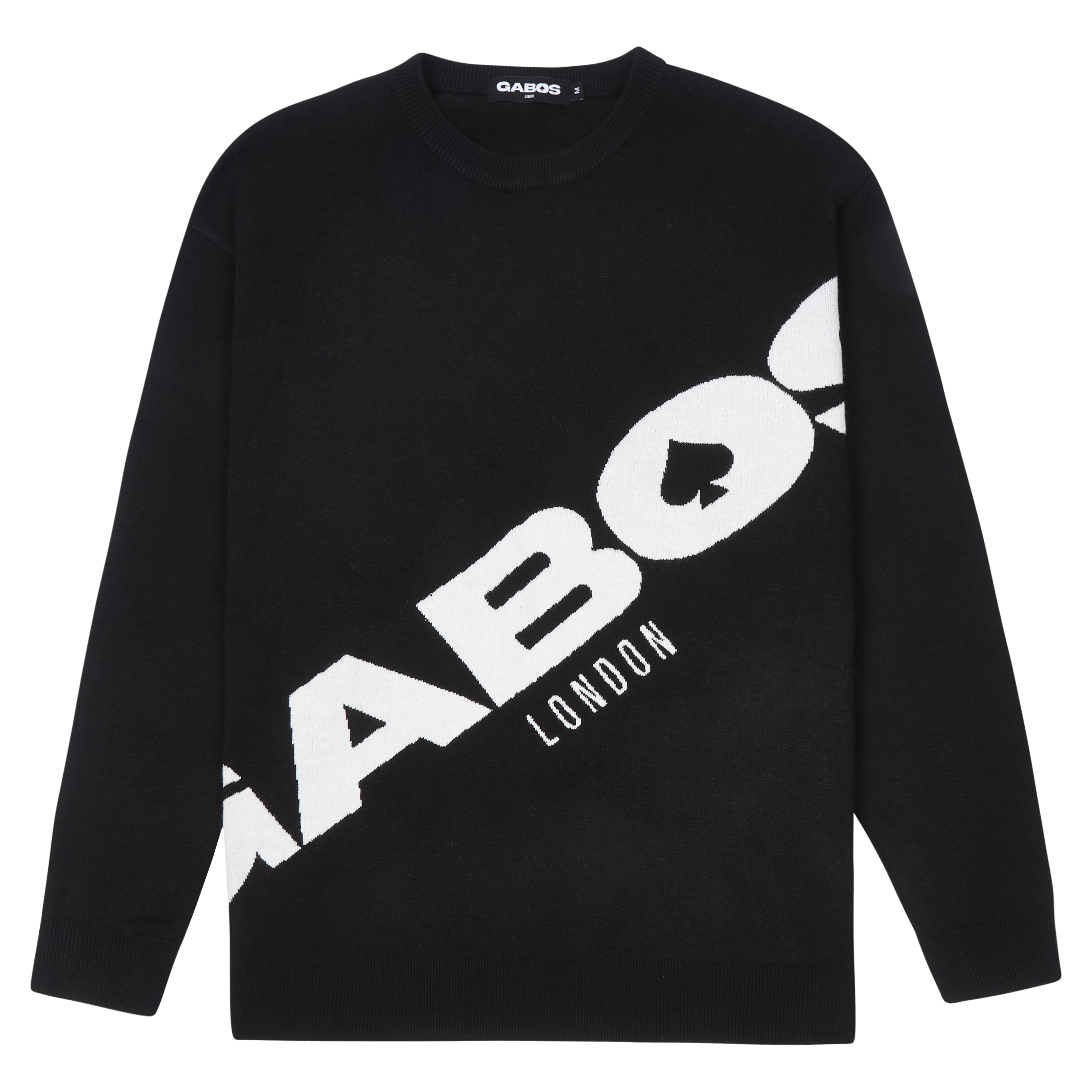 A black knit jumper with the text 'GABOS LONDON' printed in white across the front.