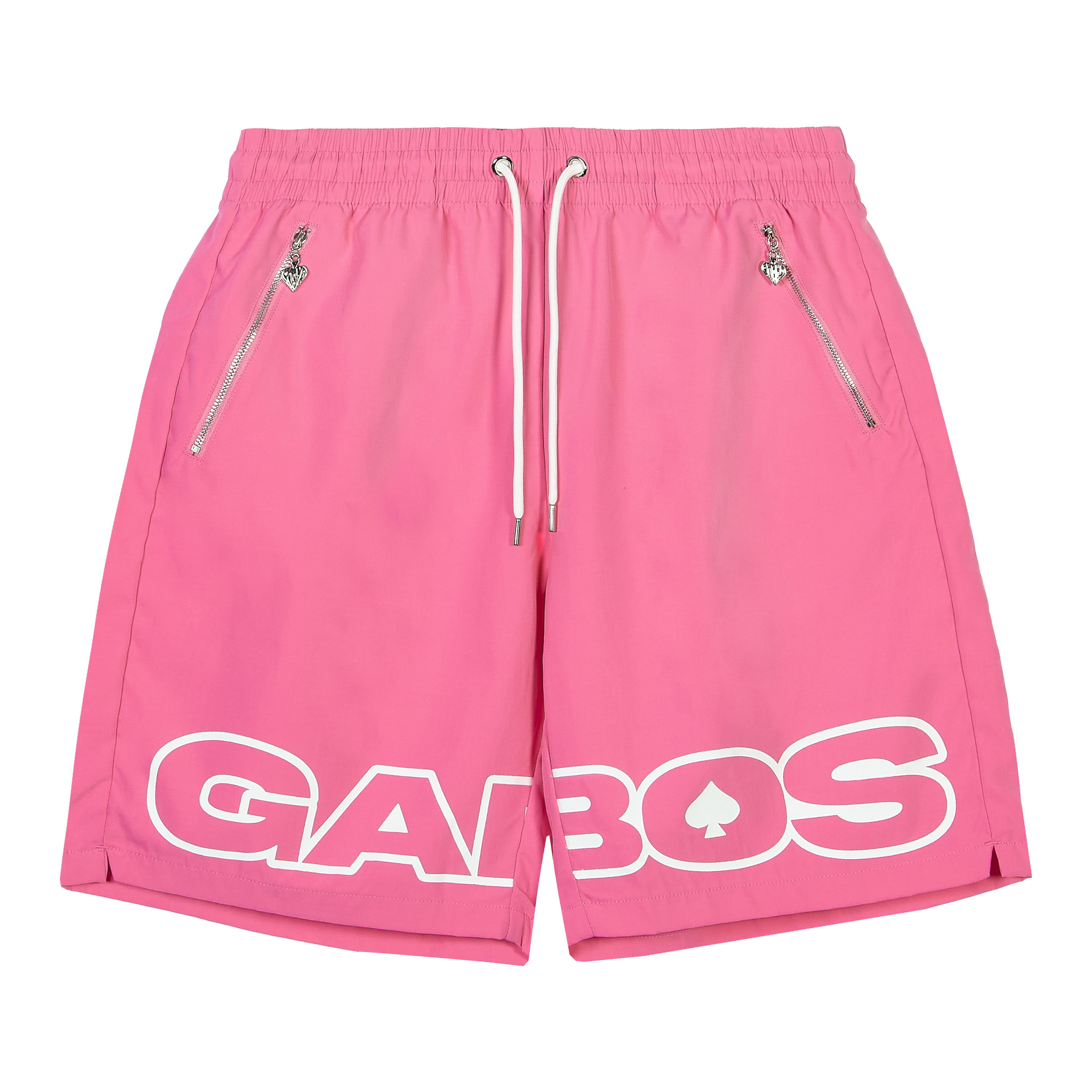 flat lay pink shorts with gabos logo in large print, streetwear