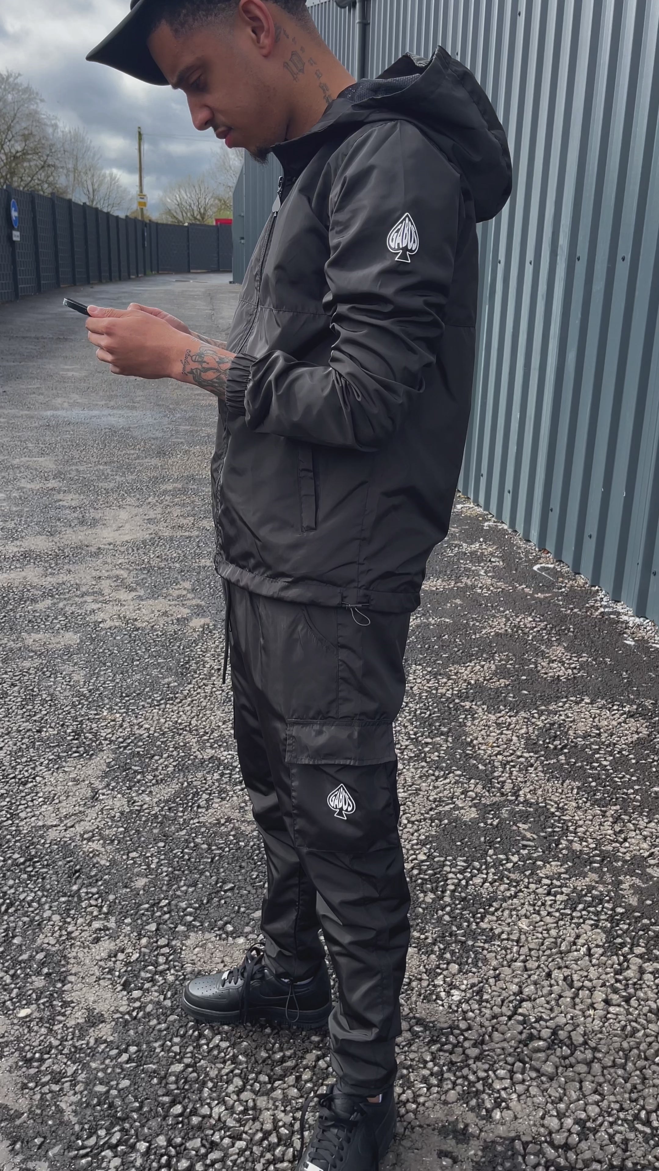 Mens Full Set Black mens windbreaker tracksuit video Streetwear by Gabos London