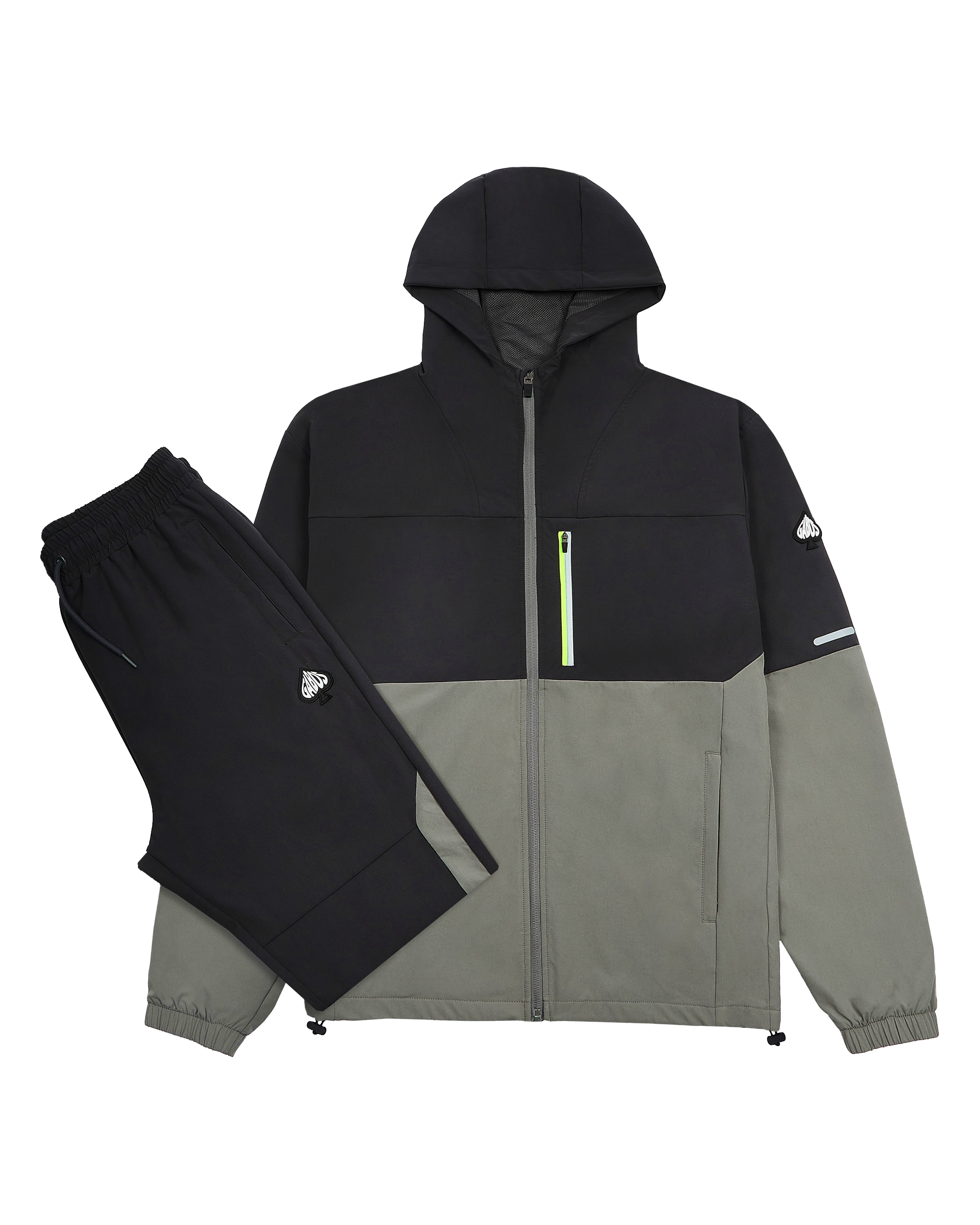 Men's grey woven tracksuit with neon green accents