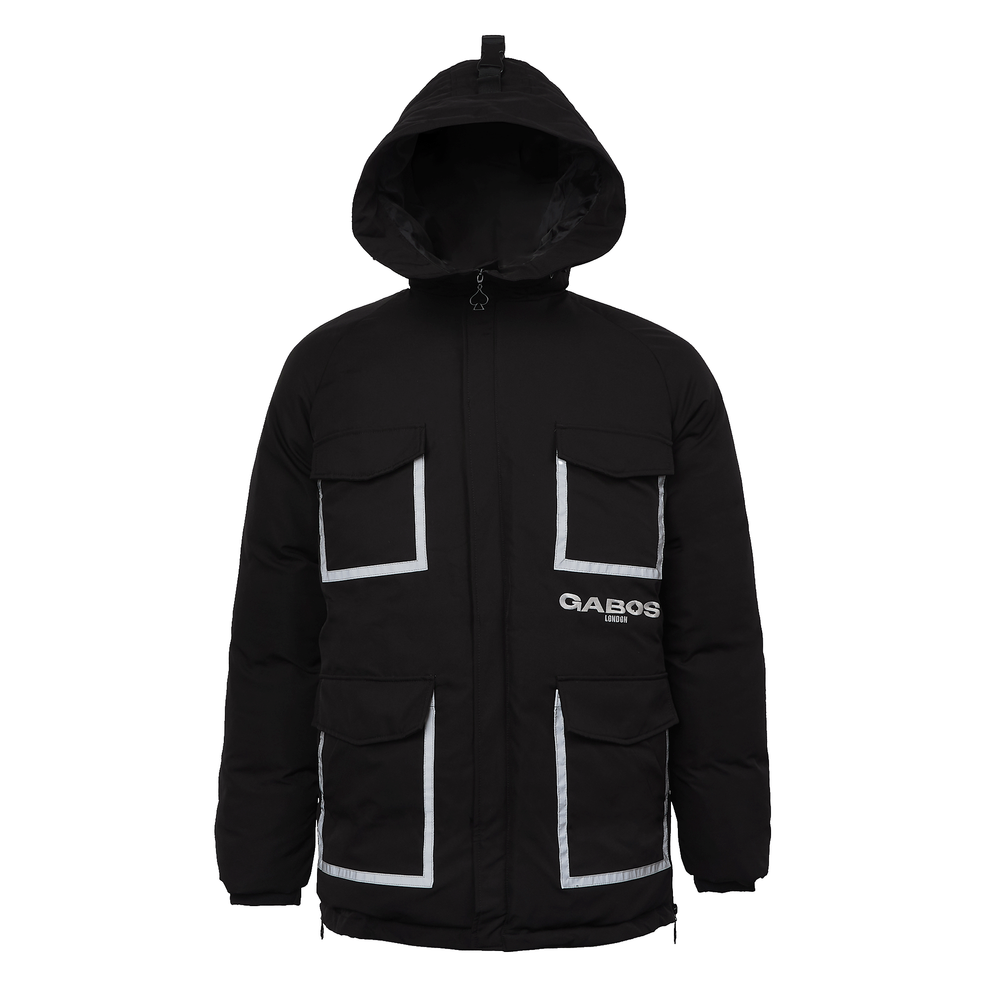 A black hooded puffer jacket with reflective silver-gray trim around the front pockets and a white QABOS logo on the chest, shown against a plain white background.