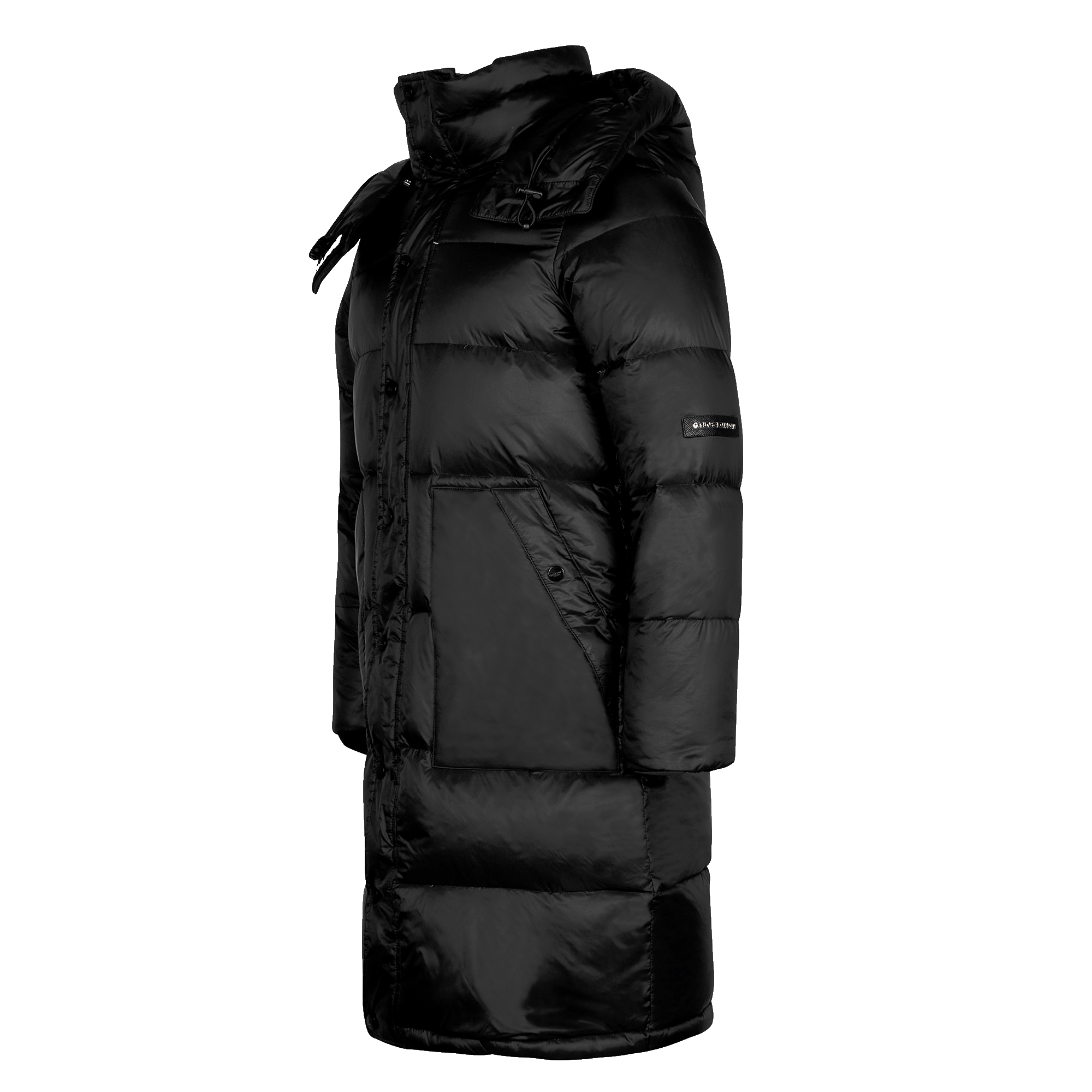 A long black puffer coat with a high hood, shown in a side profile view against a plain white background.