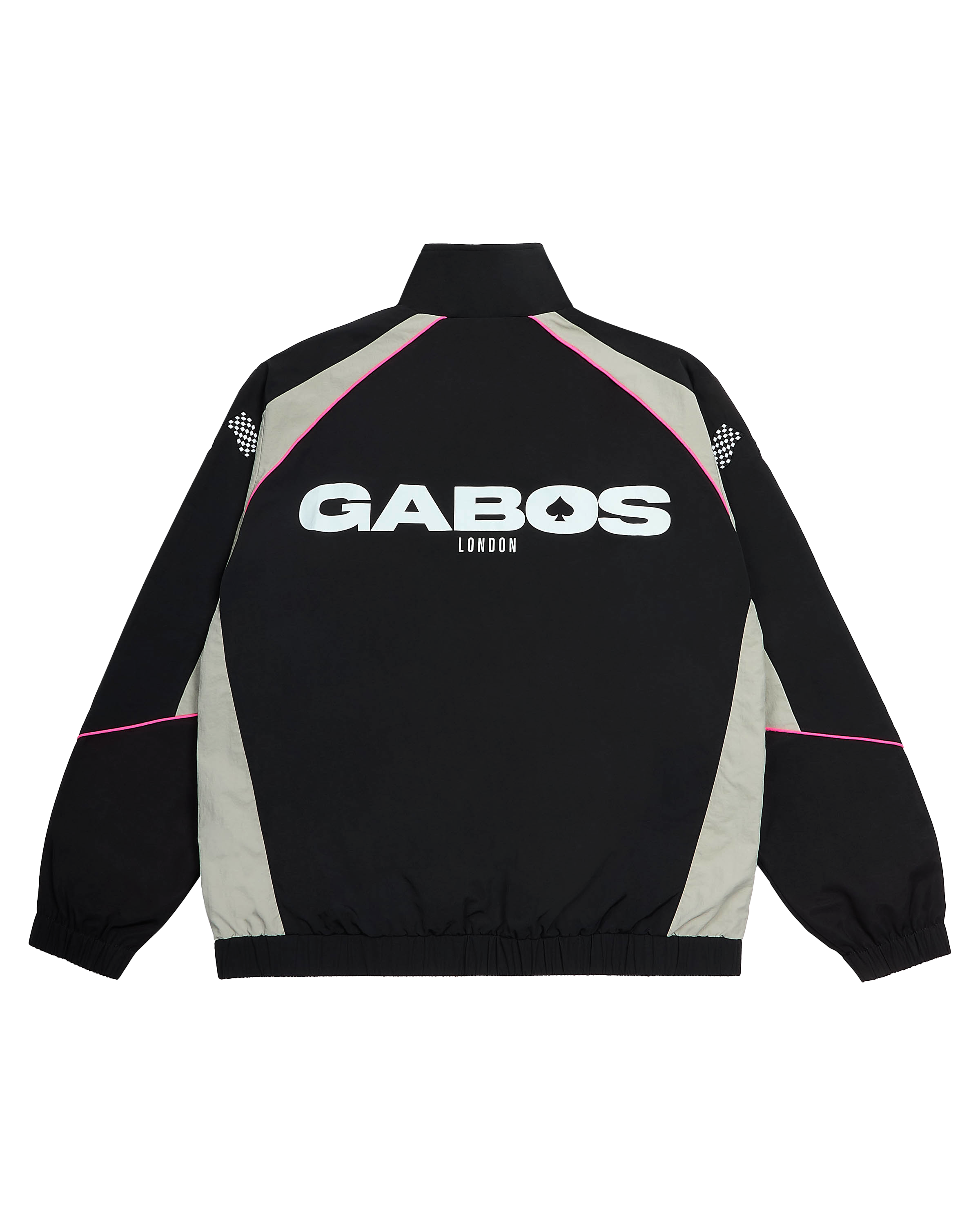TrackStar Phantom Black shell racing jacket back with motorsport-inspired graphics and contrast panelling