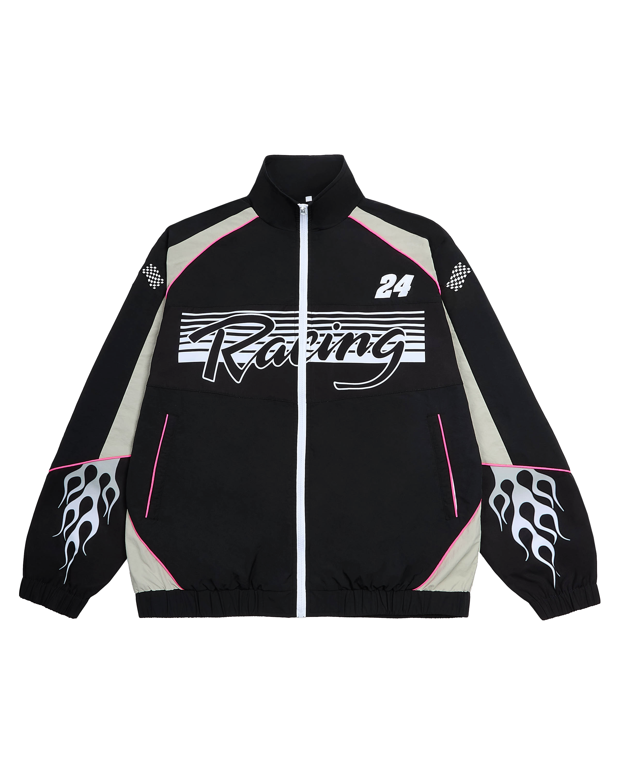 TrackStar Phantom Black shell racing jacket front with motorsport-inspired graphics and contrast panelling