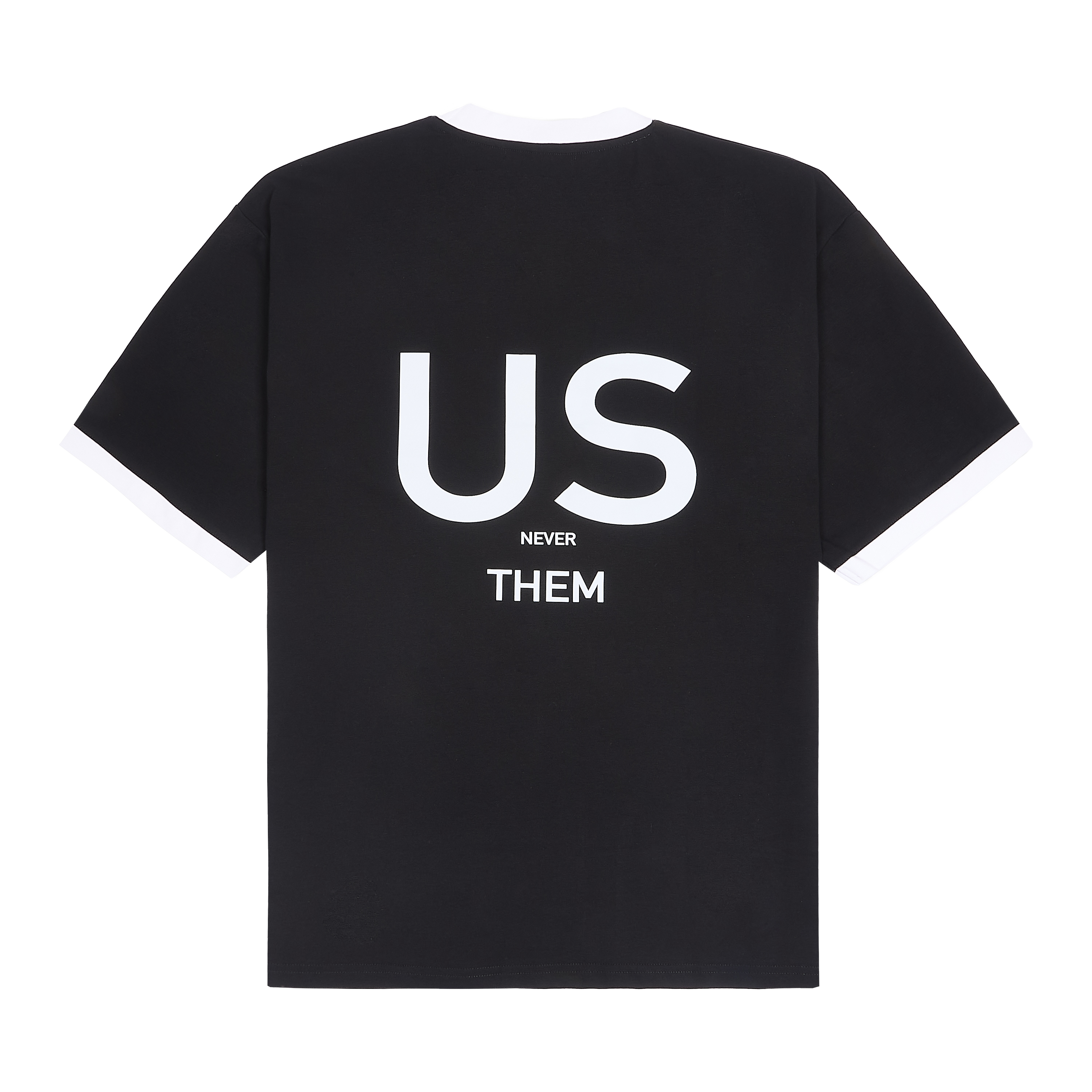 flat lay of us never them in colour black with white graphic text print