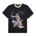 man drawing a bow and arrow with a gabos headband. streetwear boxed fit t shirt