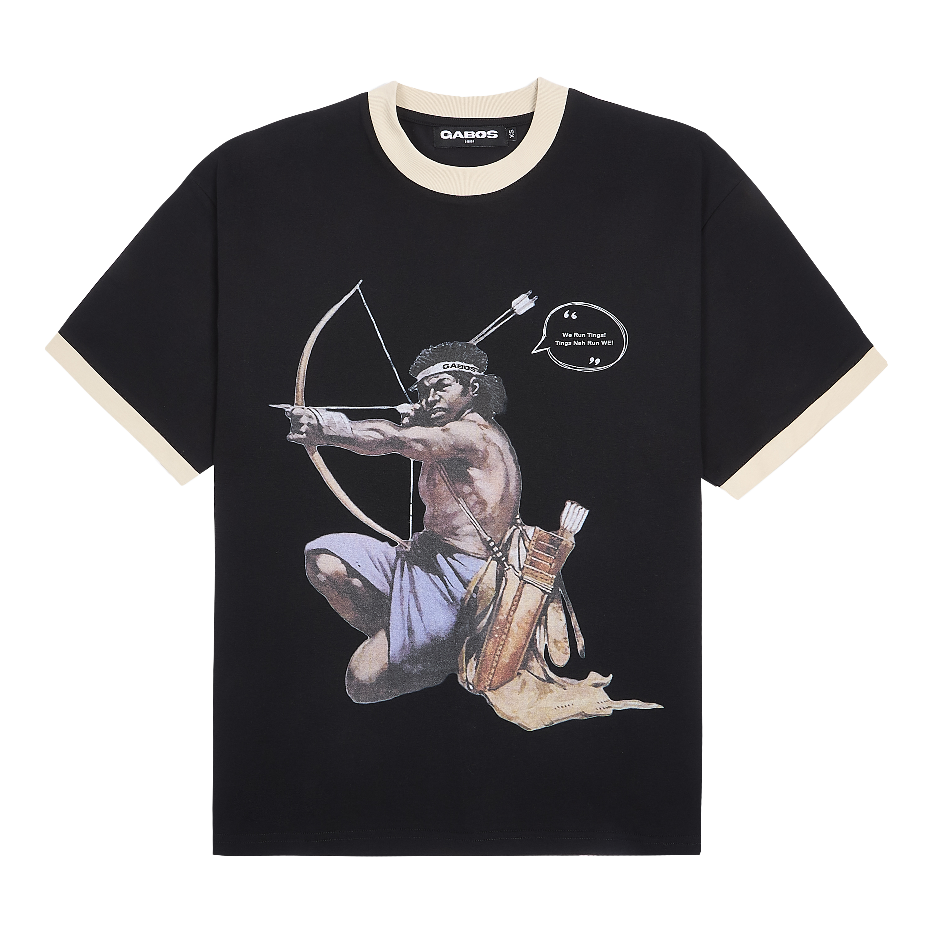 man drawing a bow and arrow with a gabos headband. streetwear boxed fit t shirt