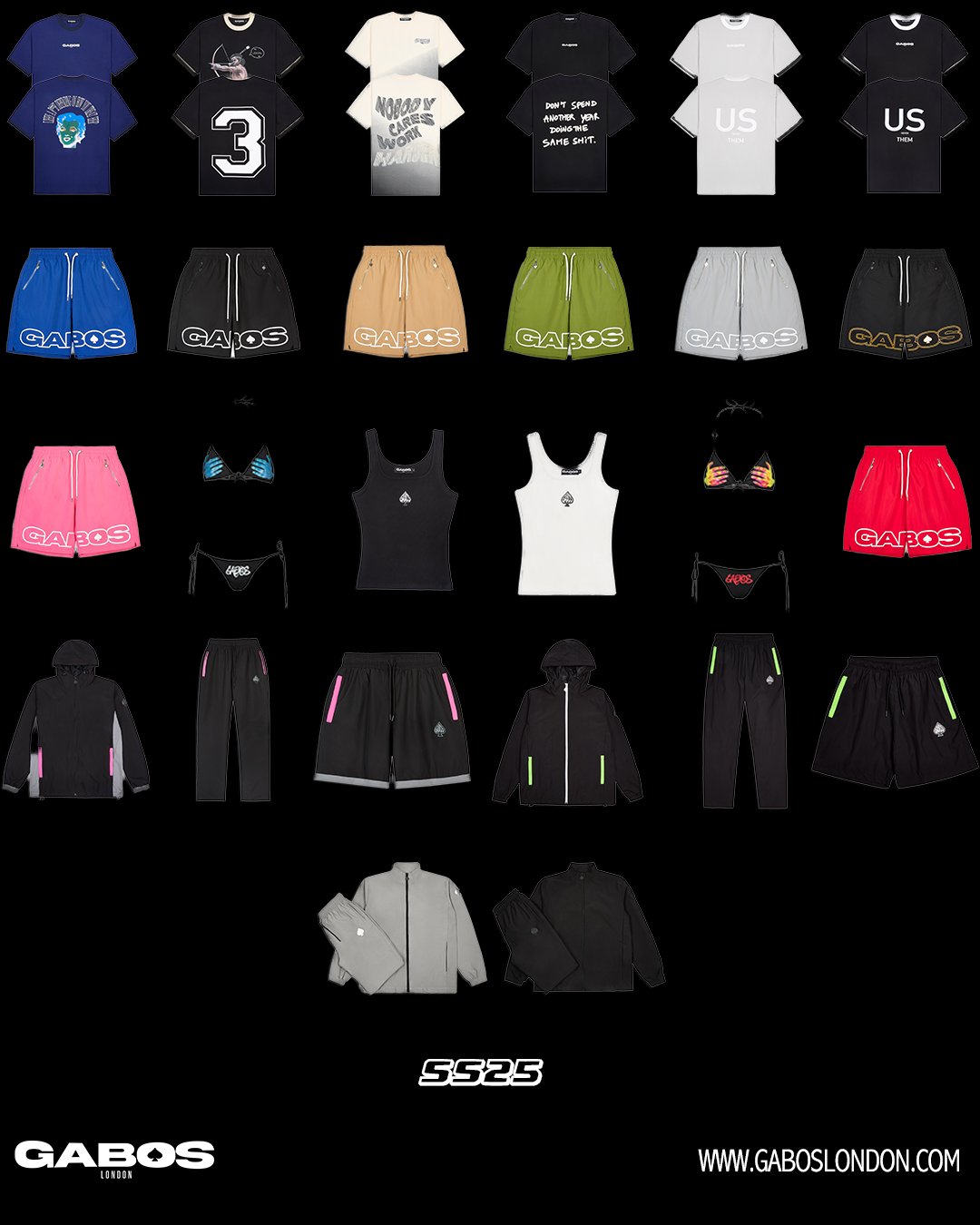 Gabos london summer collection. Streetwear that is respected. Shorts, t shirts, vests, bikinis, tracksuits