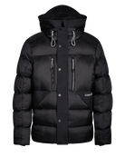 A black hooded puffer jacket with horizontal quilting, silver zipper details, and a small white GABOS LONDON logo on the lower right front, shown against a plain white background.