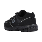 Black athletic shoe with a brand logo on a white background