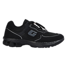 Black athletic shoe with a brand logo on a white background
