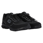 Black athletic shoes with brand logo on a white background
