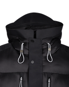 CLOSE UP OF BLACK PUFFER JACKET DETAILS