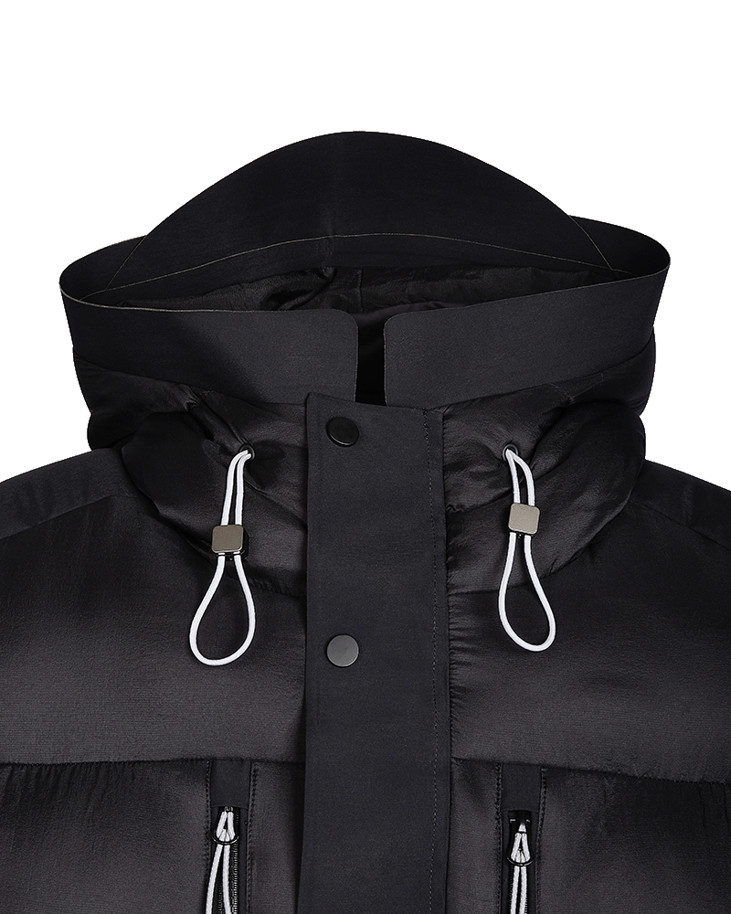 CLOSE UP OF BLACK PUFFER JACKET DETAILS